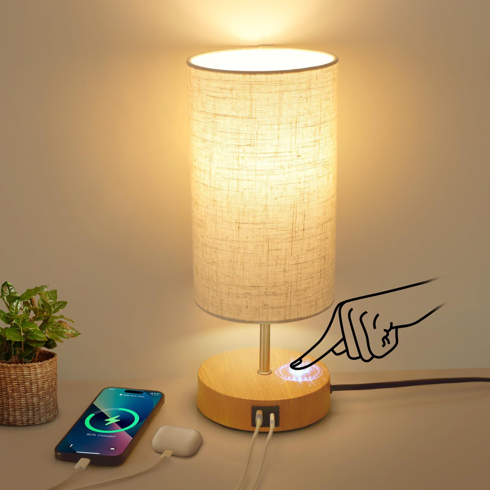 OUTONTable Lamp, Touch Control Small Bedside Lamps with USB A+C Charging Port, Memory Function, Stepless Dimmable Table Lamp for Living Room, Bedroom, 9W 2700K LED Bulb Included