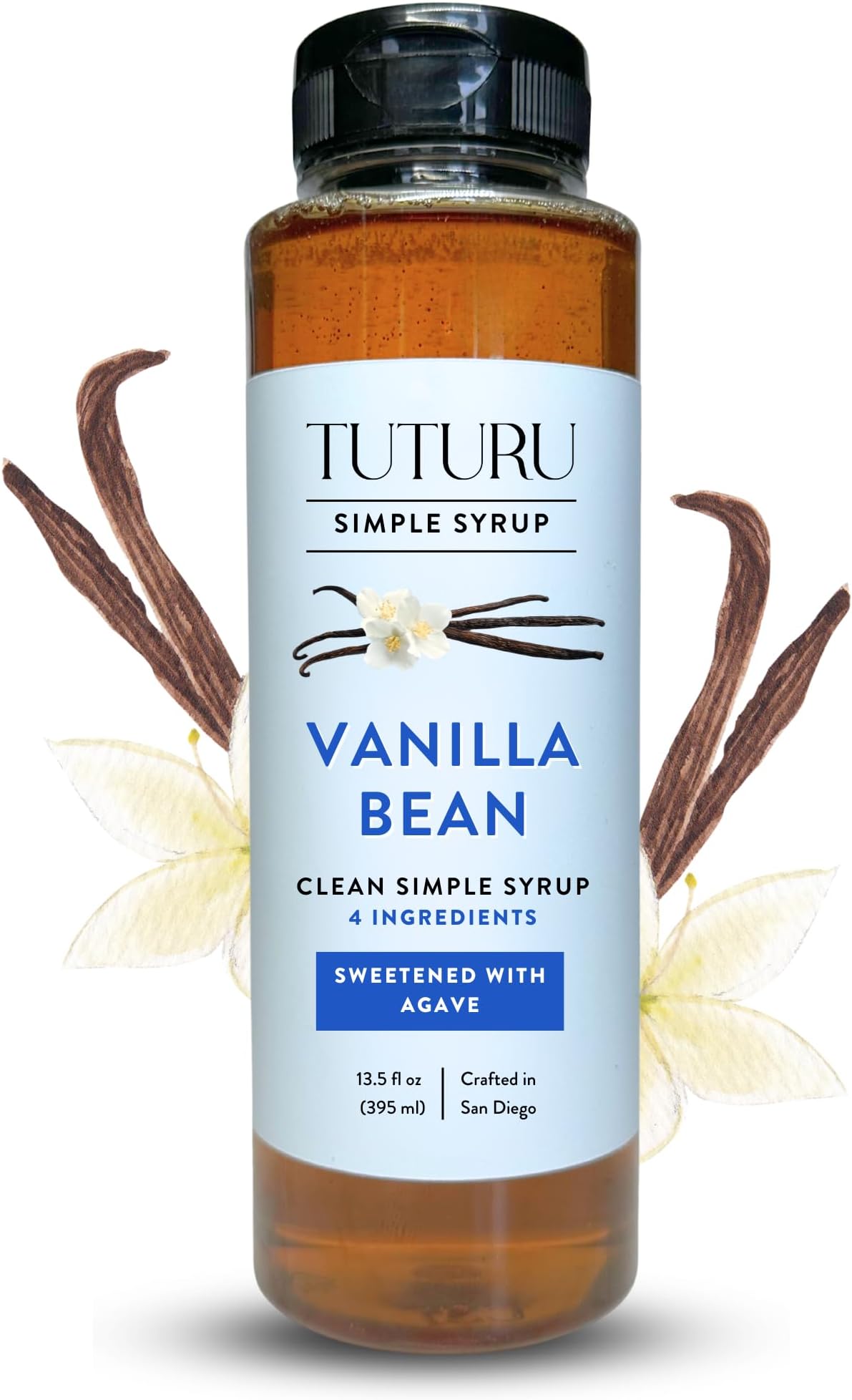 Vanilla Bean Agave Simple Syrup for Coffee & Cocktails - Sweetened with Organic Agave Nectar - Infused with Real Vanilla Bean - 13.5 oz