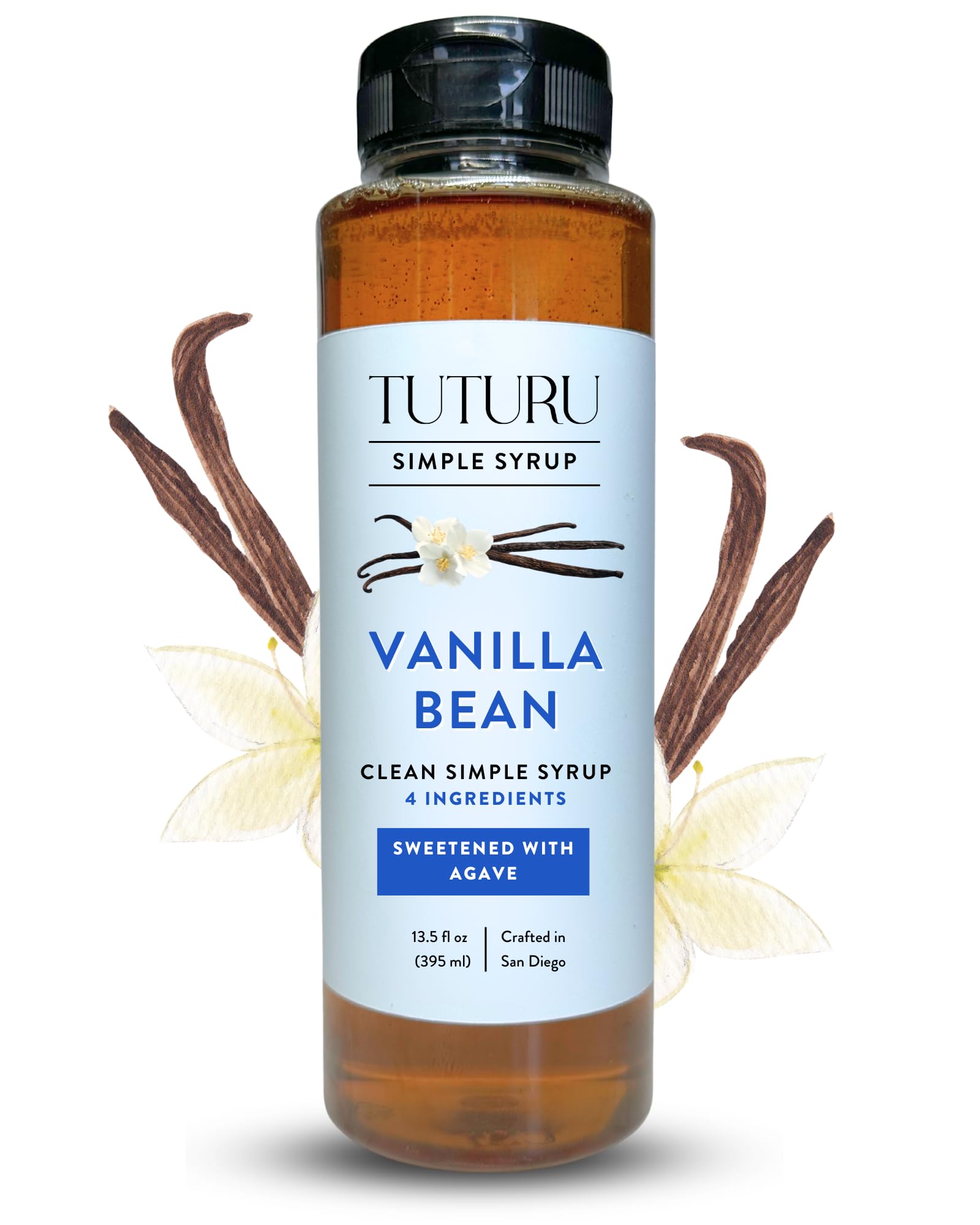 Vanilla Bean Agave Simple Syrup for Coffee & Cocktails - Sweetened with Organic Agave Nectar - Infused with Real Vanilla Bean - 13.5 oz[Amazon-developed Certification] Compact by Design