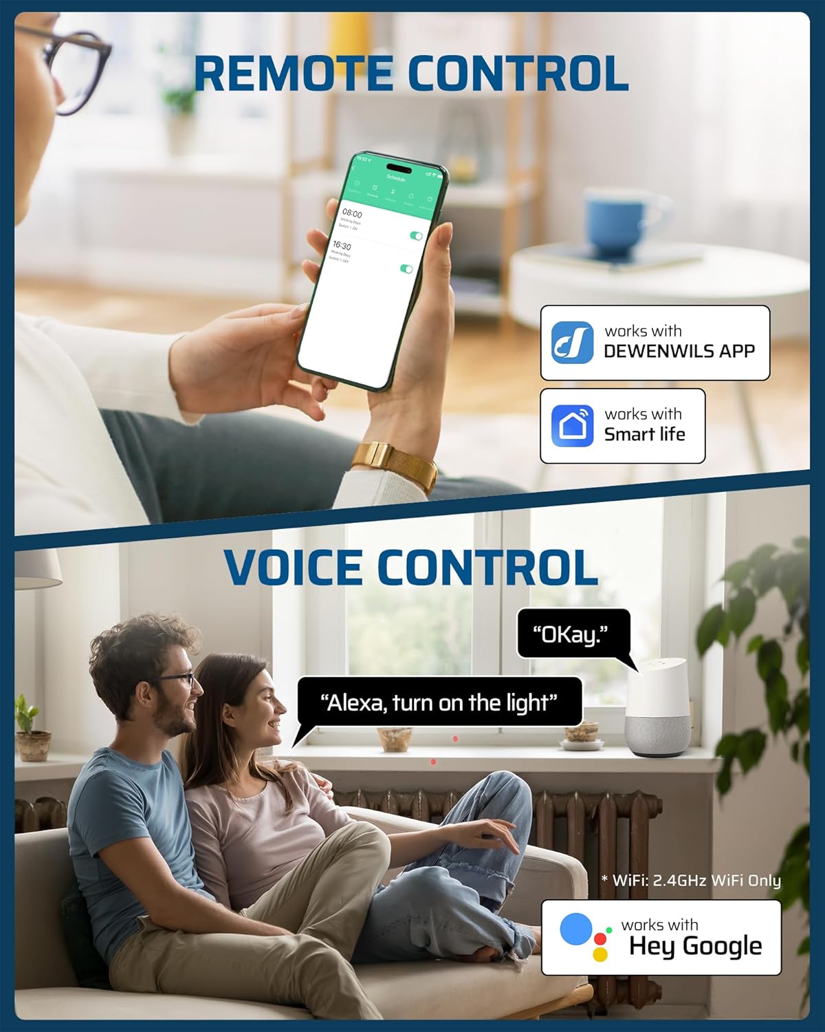 Person using voice commands with a smart speaker to control the DEWENWILS timer