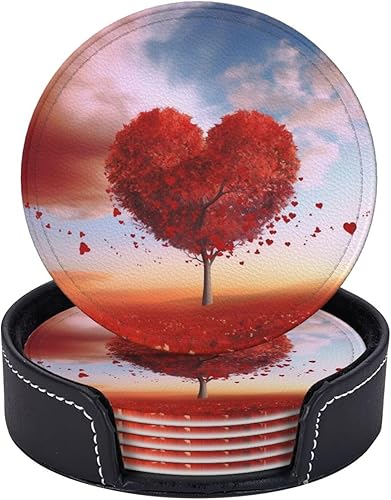 Juego de 6 posavasos de cuero con forma de árbol de corazón, protección contra derrames para mesa, bonitos posavasos para tazas, resistentes al