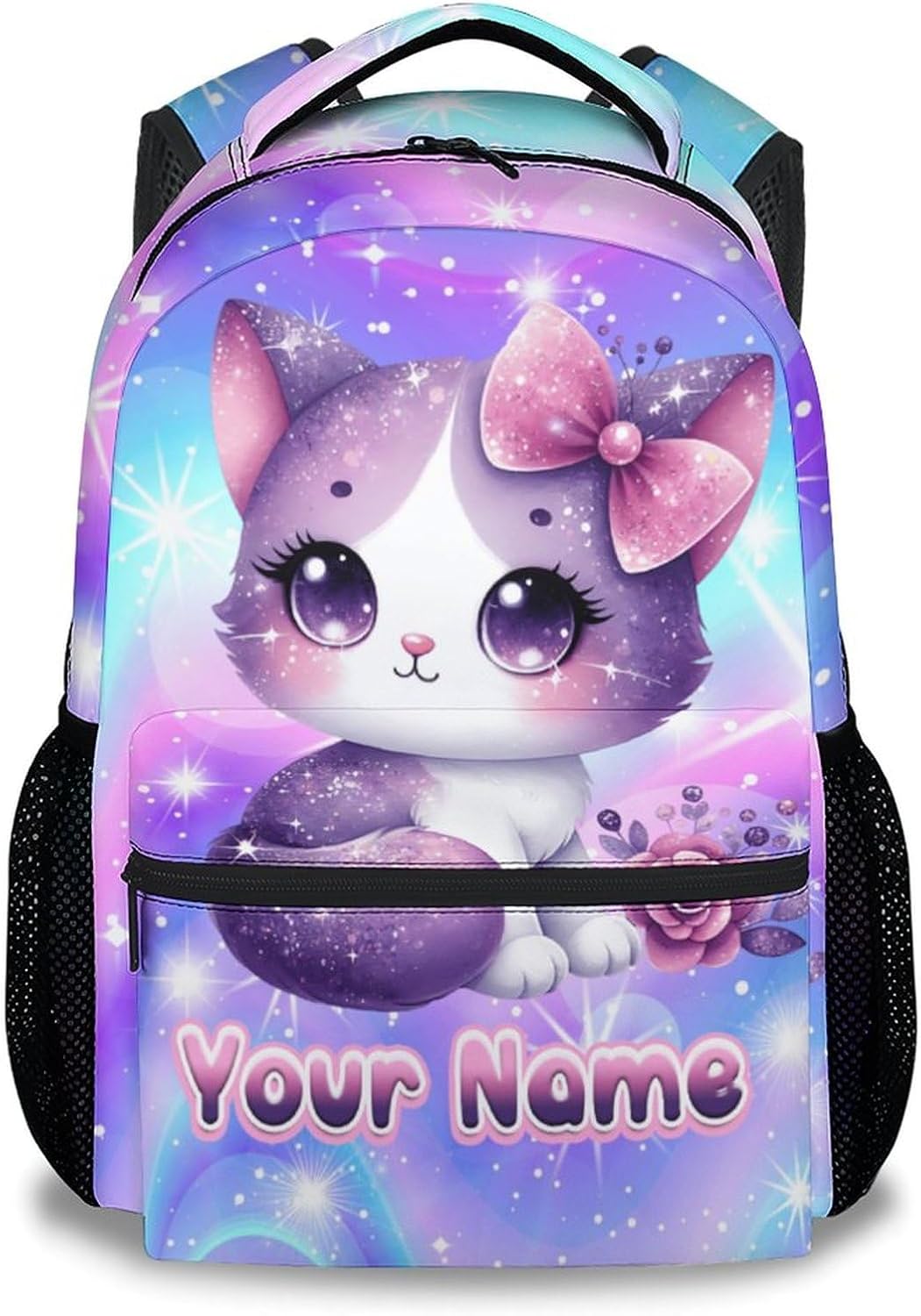 School Backpack, Cat Backpacks for Girls, Personalized Kids Bookbag, 17 Inch Custom Toddler Schoolbags for Kindergarten Primary