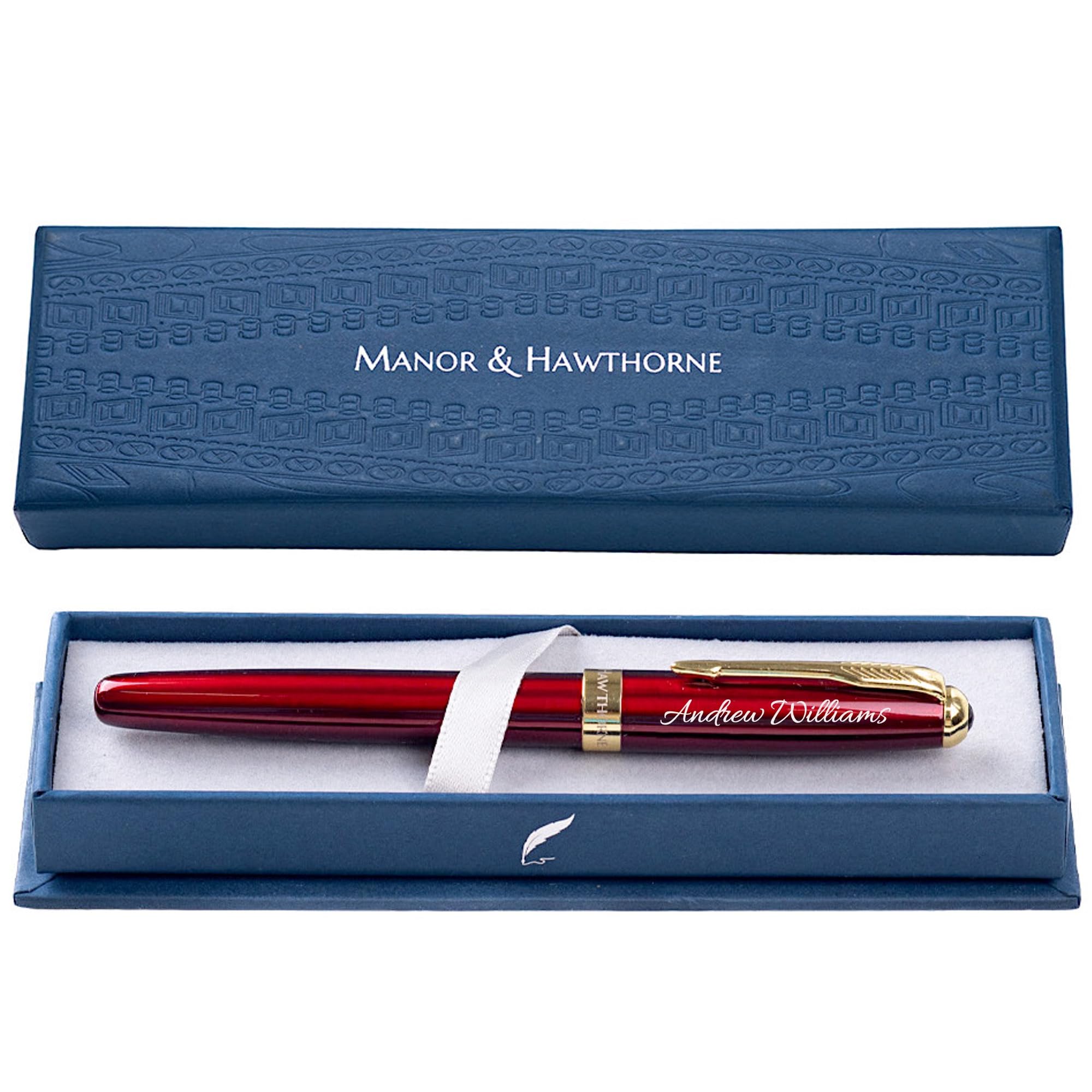 Manor & Hawthorne Luxury Personalised Fountain Pen - Premium Lacquer Finish with Gold Accents - Customizable Elegant Writing Instrument - Converter & Black and Blue ink (Red (Personalised))