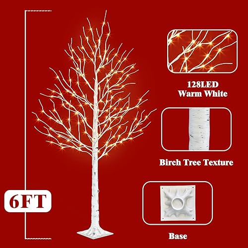 Miniatura 5 de PABIPABI Árbol de Abedul con Luces LED, Paquete de 2 Árboles de Navidad Blancos Iluminados de 6 Pies para Exteriores con Temporizador y Atenuador de