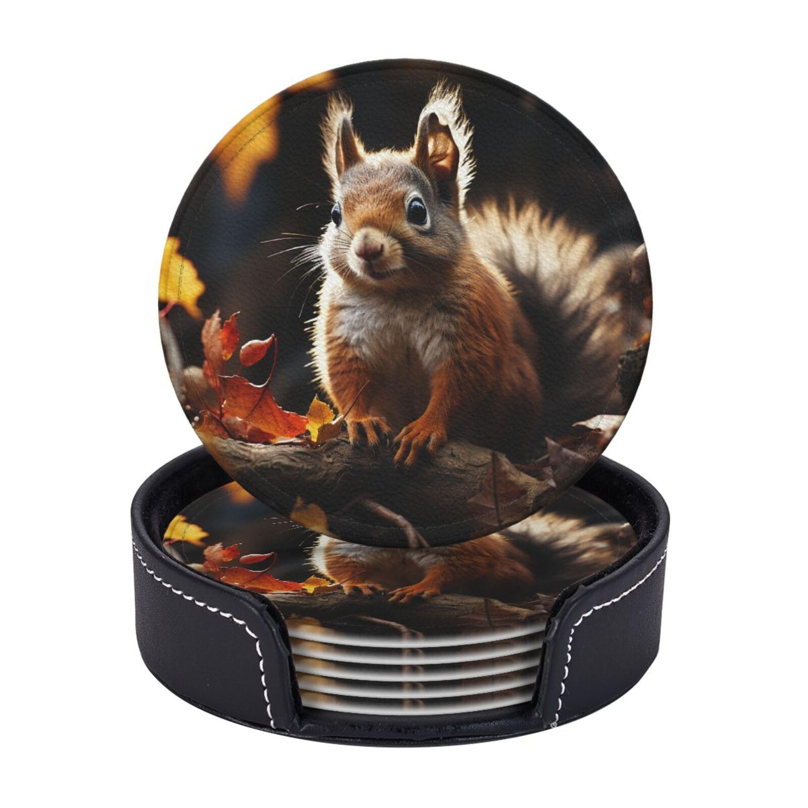 Round Coasters for Drinks Set of 6 - PU Leather Coasters with Holder - Modern Drink Coasters for Coffee Table - Squirrel in The Woods Coaster for Tabletop Protection 4" Cup Mat Pad