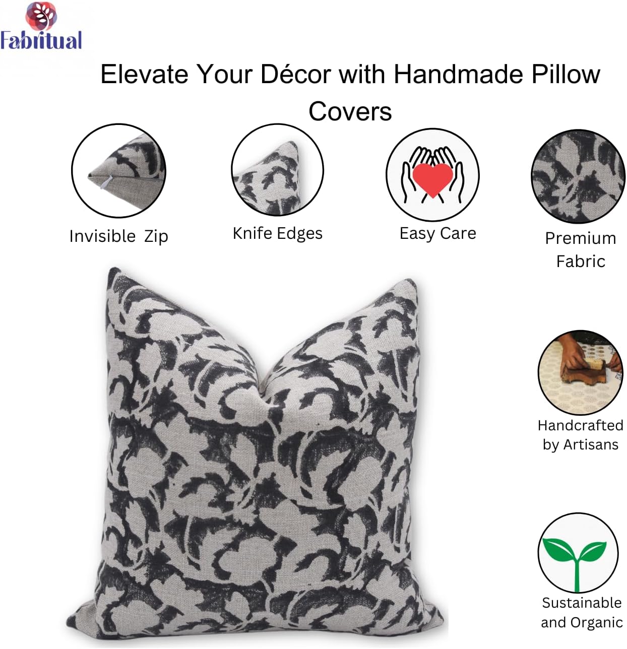 Handmade Block Print 14X14 Thick Linen Throw Vintage Pillowcase Cushion Cover for Sofa Couch, Bed, Fall Decoration, Boho Home Décor, Garden, Outdoor, Farmhouse, Living Room, Sulit, Black