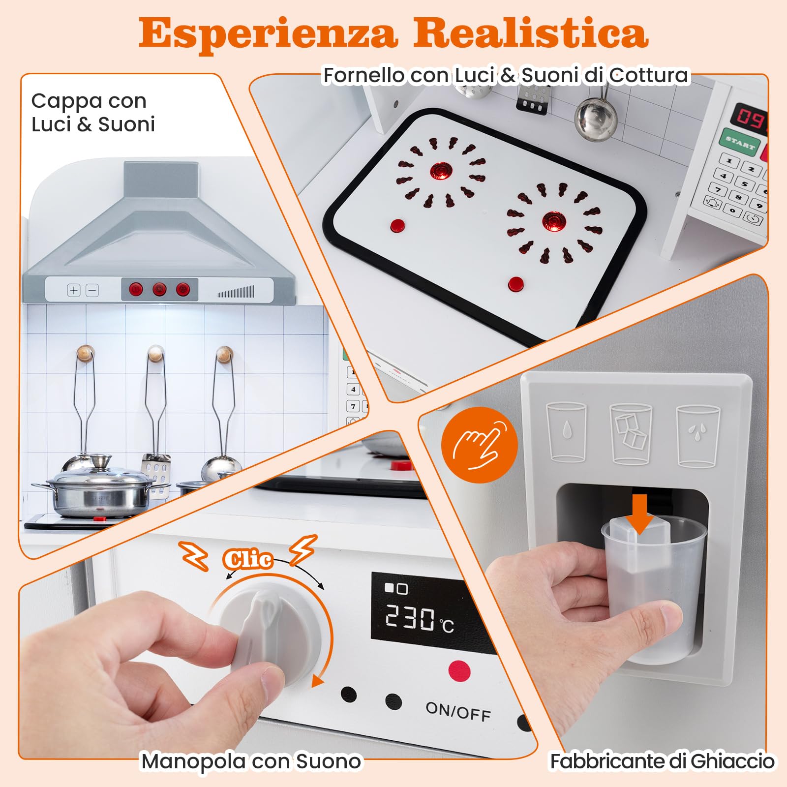 GYMAX Set Cucina Giocattolo Modulari per Bambini, Cucina Angolare con Cappa, Lavatrice, Macchina del Ghiaccio, Microonde, Luce e Suoni Reali, Cucina per Bambini dai 3 Anni+ (Grigio)
