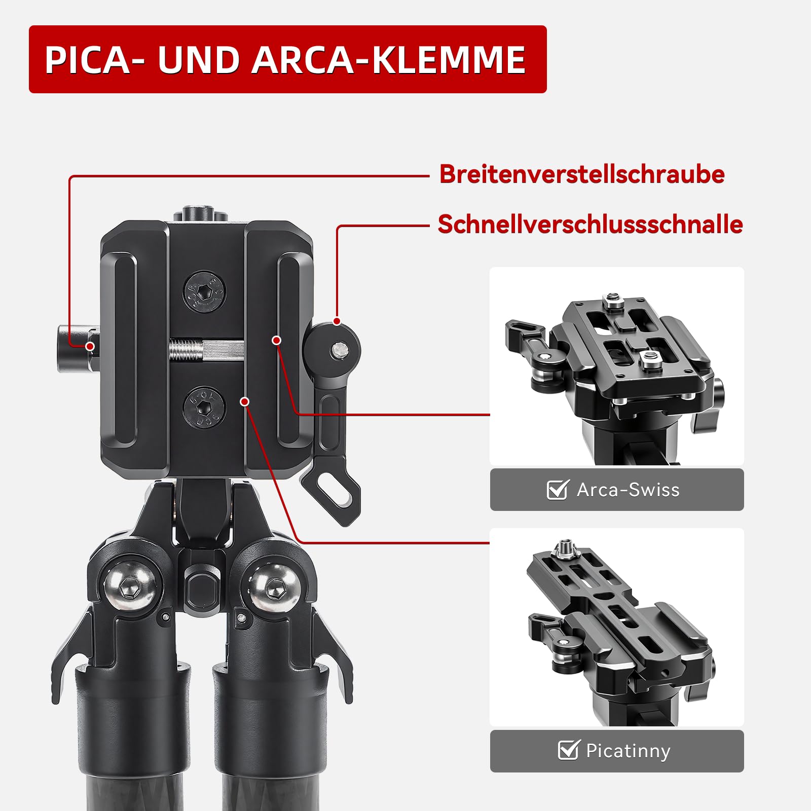 SBP-DP SteadyShot Kohlefaser Zweibein, Picatinny & Arca-Swiss-Doppelklemmung, 360° Schwenk & ±45° Neigungseinstellung, 3 teilige Beine Jagd Zweibein