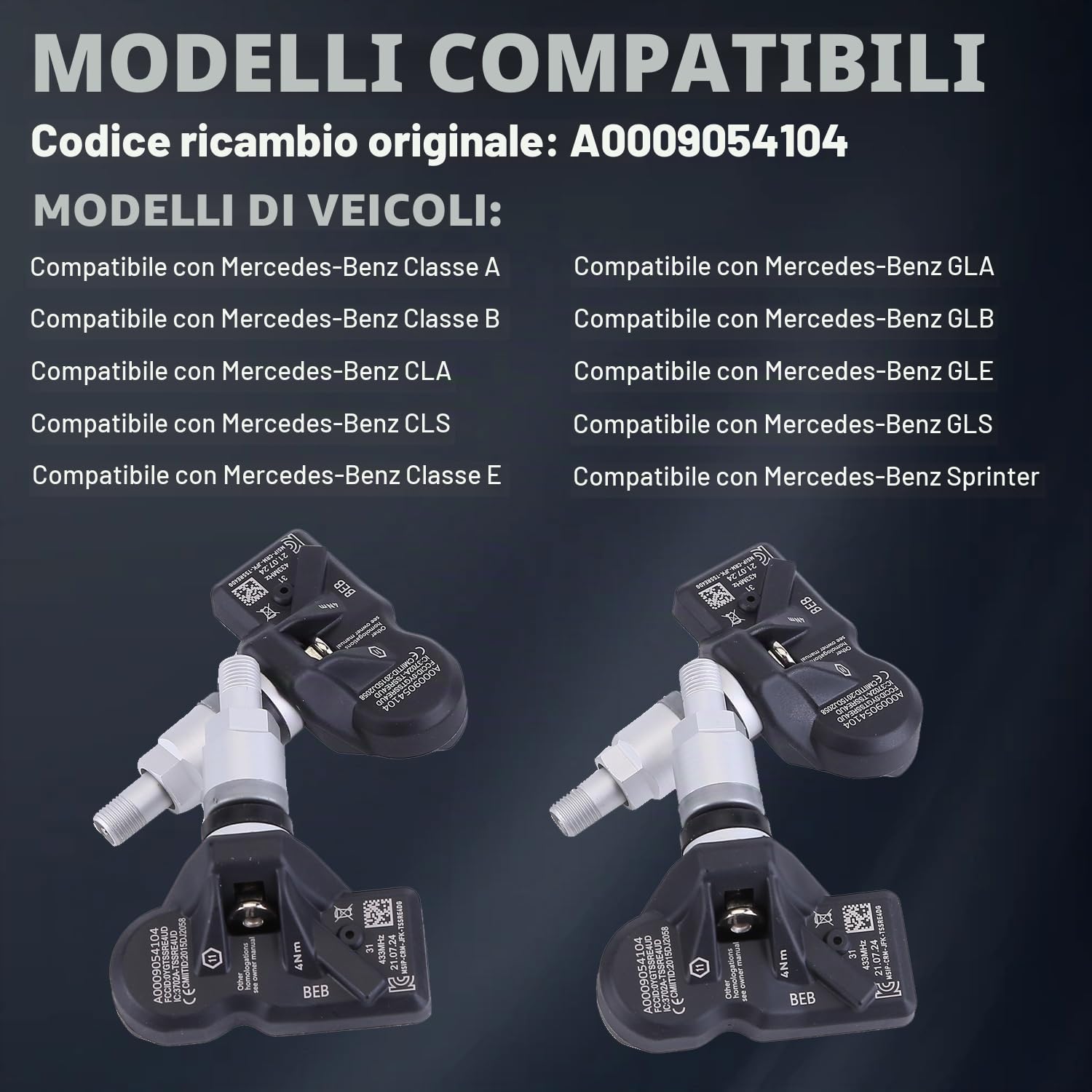LICHENGTAI 4pcs TPMS sensore pressione pneumatici A0009054104 compatibile con Mercedes Classe A e B Classe E CLA CLS GLA GLB GLE GLS Sprinter RDKS Sensor sistema di controllo pressione pneumatici