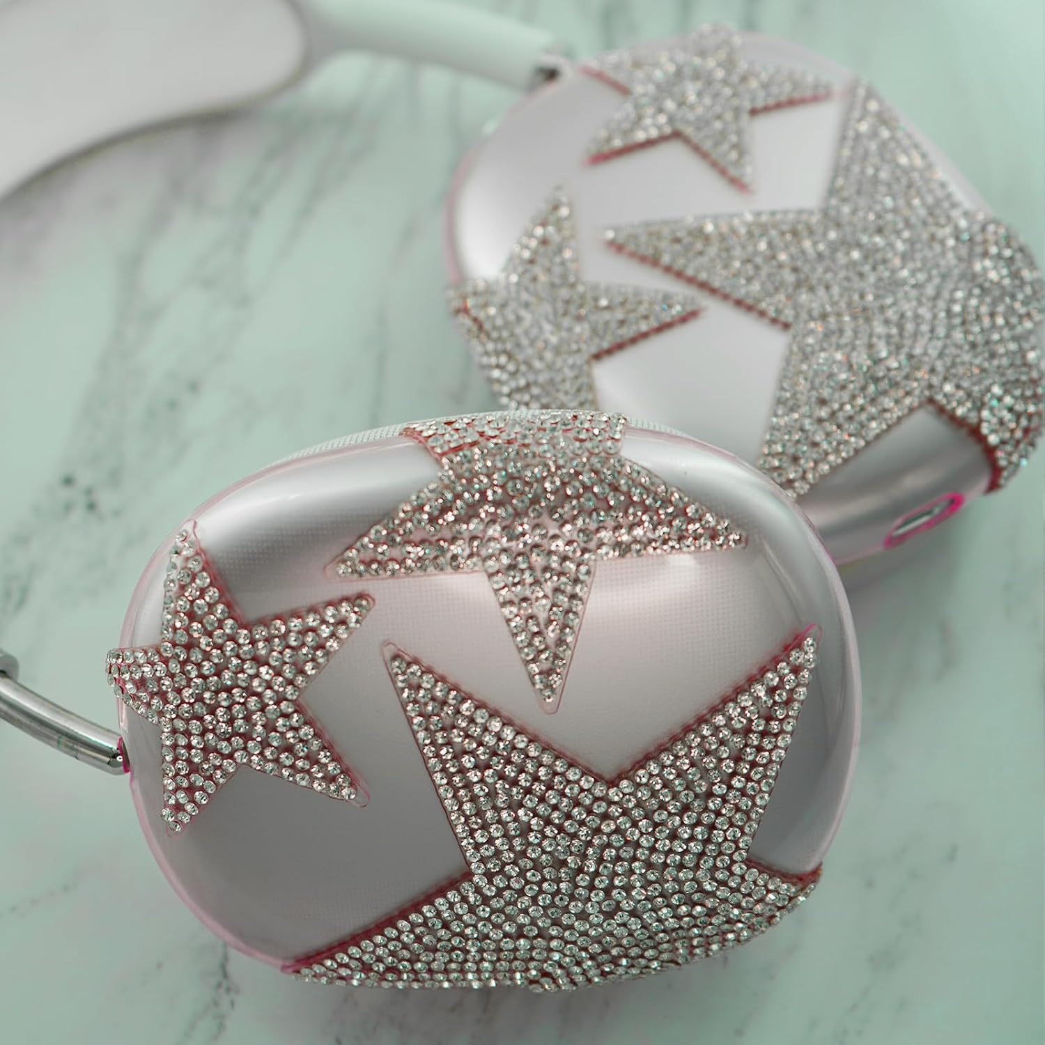 MORWLAT Case Cover for AirPods Max Glittering Rhinestones Stars, Clear Sparkling Cute Soft Cases for Women Accessories Protective Cover for Apple AirPods Max (Pink Stars)