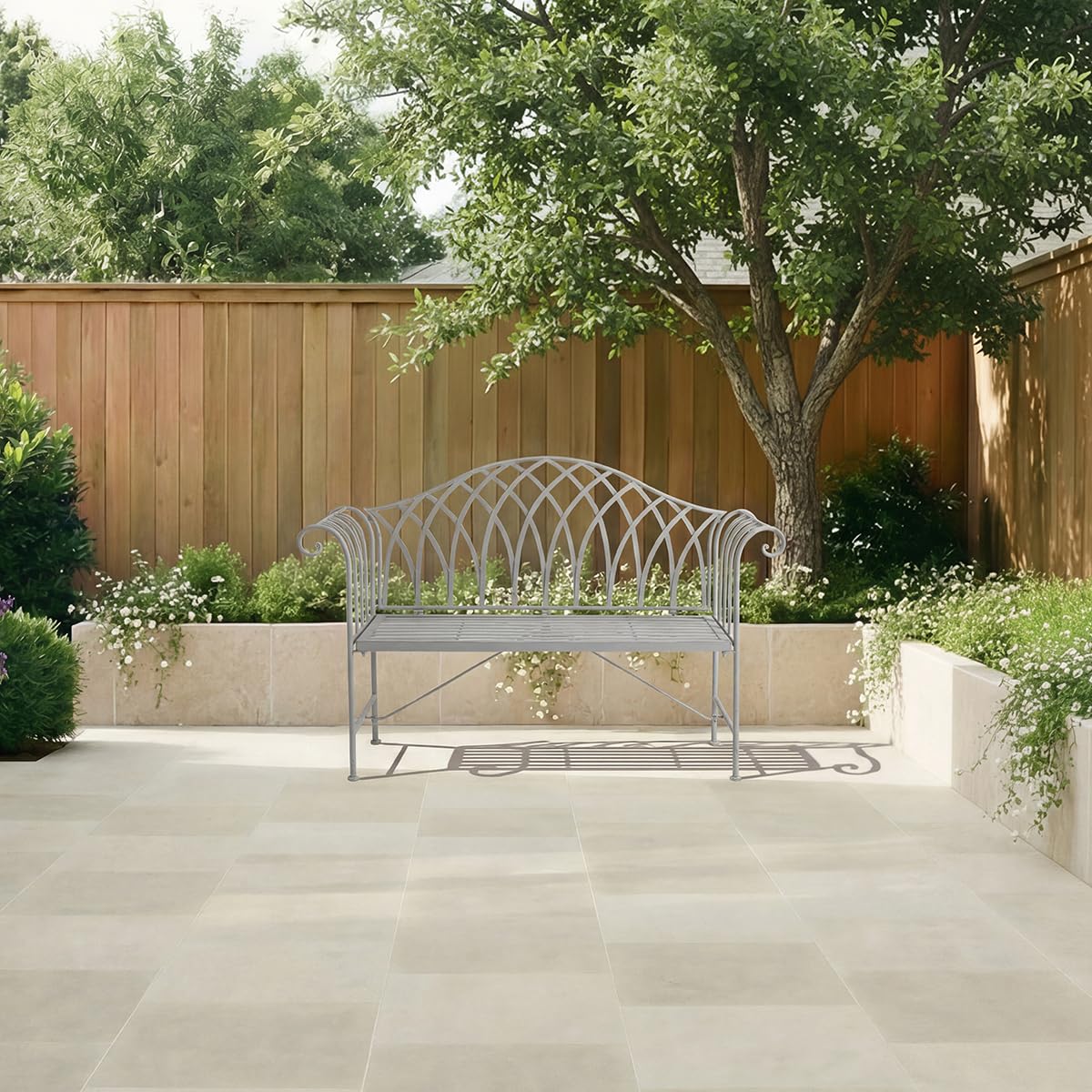 CHARLES BENTLEY Banc extérieur 2 Places Fer forgé Gris, Design Rustique, accoudoirs courbés, Style élégant, résistant à la Rouille, mobilier terrasse Jardin (128x44x93cm)