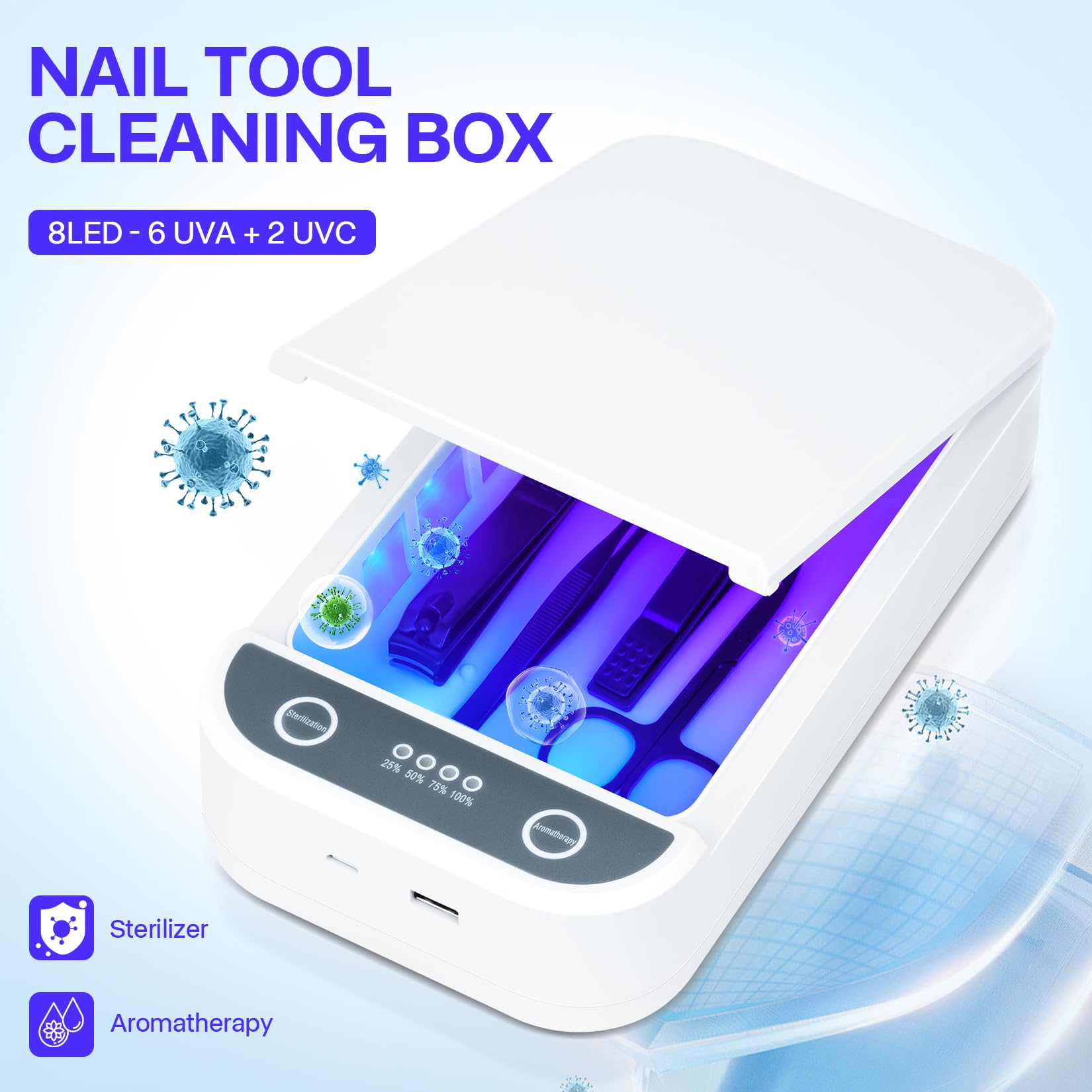 Esterilizador para herramientas de uñas, caja esterilizadora USB para tijeras de teléfono, joyas, pinzas, contenedor portátil de máquina de limpieza para salón de manicura