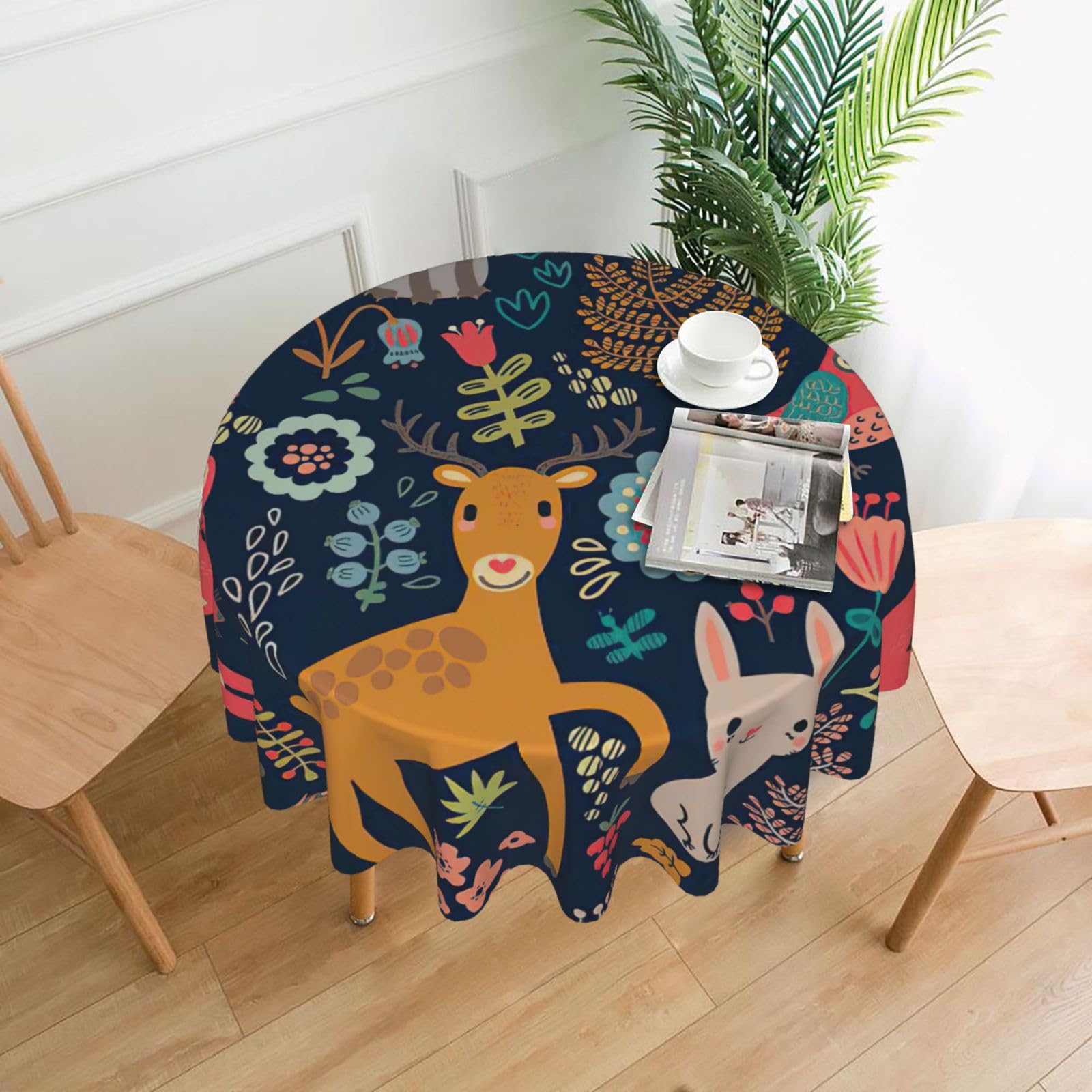SDEGTHO Owl Rabbit Bird Fox Print Modern Retro Round Tablecloth 60in Polyester Fabric Cover for Party Dining Table Washable