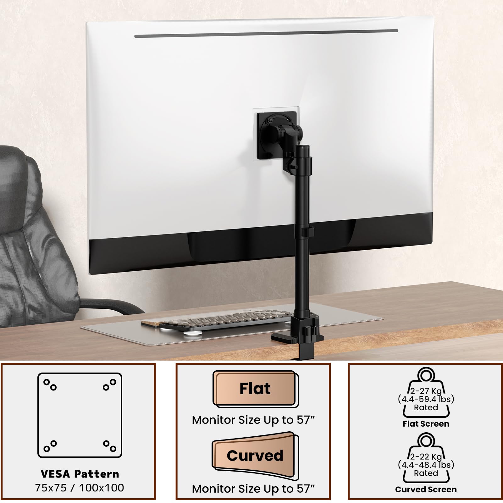 Supporto Monitor Scrivania da 24-57’’, Braccio Monitor, Capacità fino a 27 kg, Altezza Regolabile, Inclinazione, Rotazione, Nero