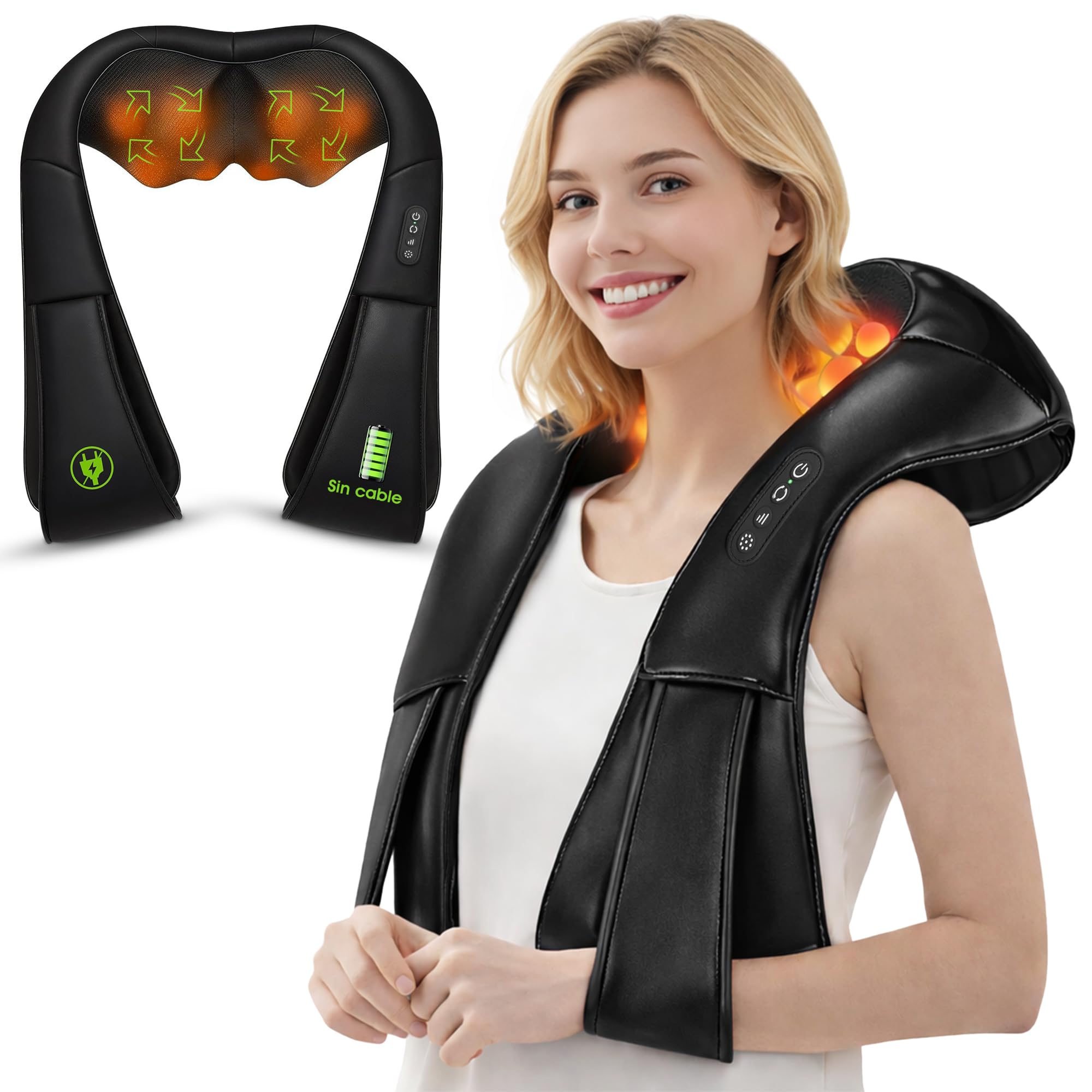 Masajeador Cervical y Espalda sin Cable 2200mAh | Masajeador de Cuello con Calor Shiatsu Relanjante | 3 Intensidades y Rotación 4D | Masajeador Portátil para Casa, Oficina y Viaje