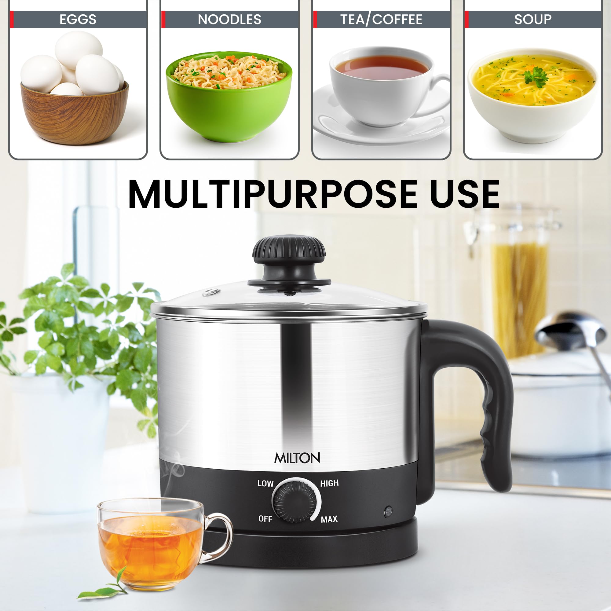 Milton Kitchen Essential Euroline Go Electro Electric Cooker With Glass Lid, 600 Watt, 1.2 Litres, Multi-Purpose Kettle Cum Steamer for Instant Noodles, Eggs, Cordless Pot 3