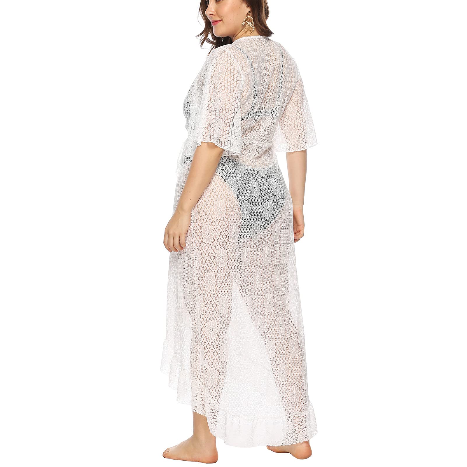 Vestido de kimonos sexy para mujer, kimono largo con volantes de ganchillo con perspectiva floral para mujer, vestido de playa-0XL/L