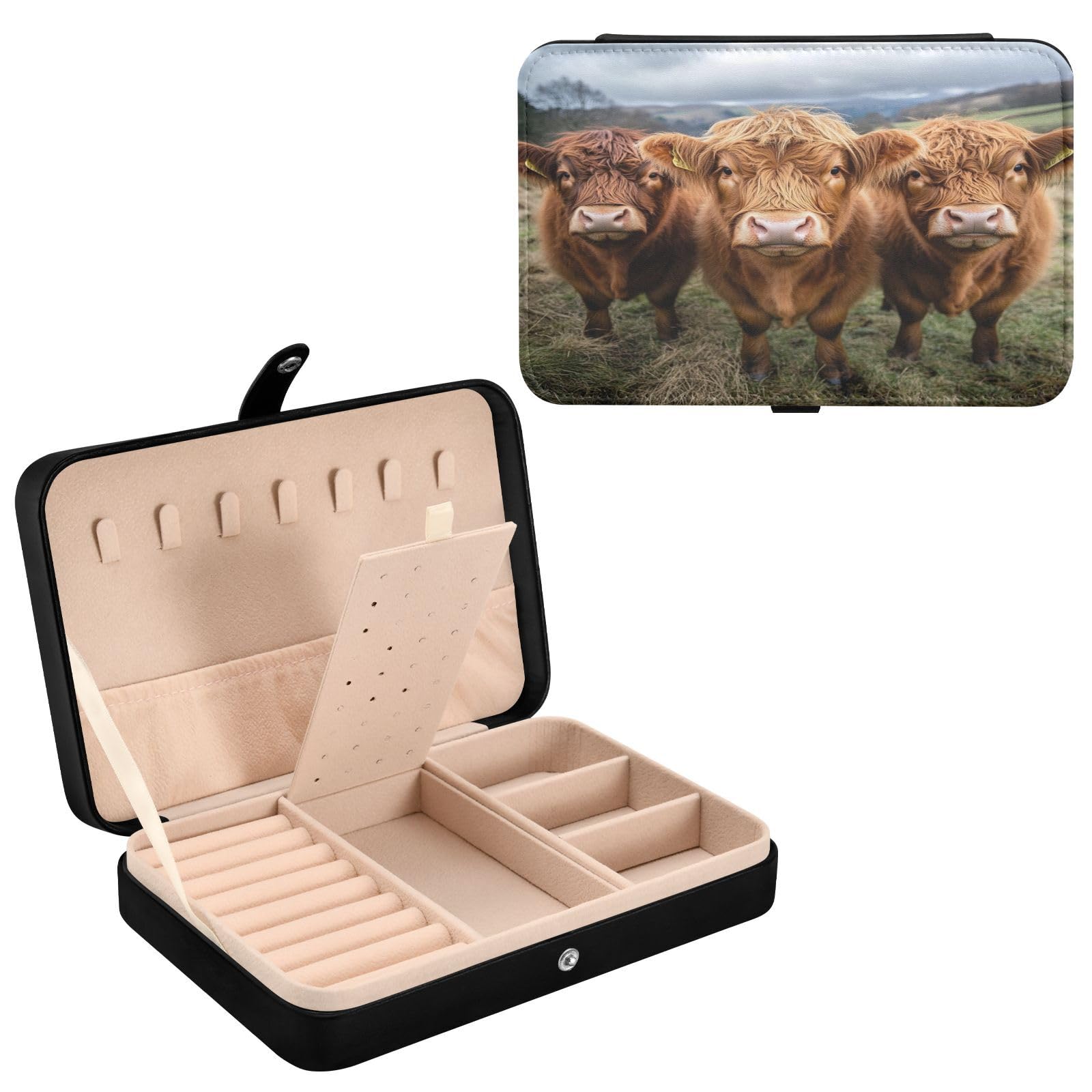 Haskirky Highland Cow Jewelry Box Portable PU Leather Travel Jewelry Organize for Women Jewelry Storage Display Holder for Ring, Necklace, Earring