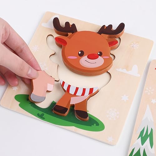 Miniatura 4 de CCINEE Paquete de 4 rompecabezas de madera de Navidad para niños, rompecabezas de madera de Navidad, juguetes Montessori para fiestas de Navidad,