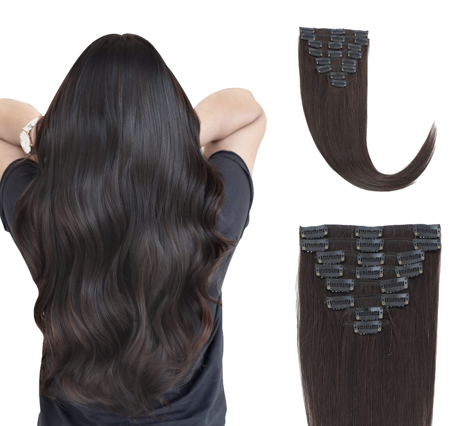 ANRY 8pcs Human Hair Clip in Extensions Straight 2# Real Hair Extensions Clip in Human Hair 18 Inch Dark Brown Clip in Extensions Real Human Hair