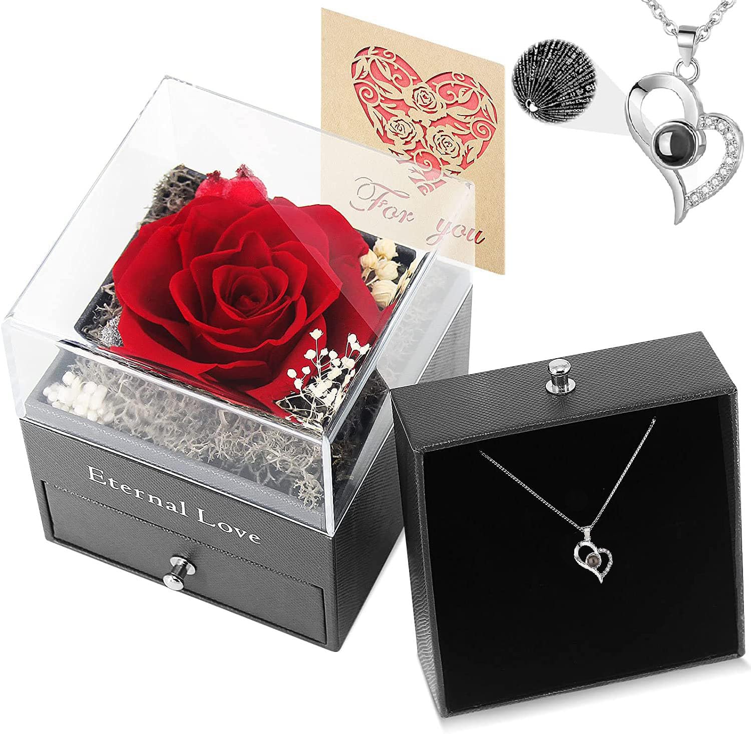Moonmen Handmade Preserved Rose Jewelry Box with Love You Necklace in 100 Languages Gift Set for Girlfriend Mother Wife on Anniversary Valentine's Day Mother's Day (Red 3, S925 Silver Necklace)