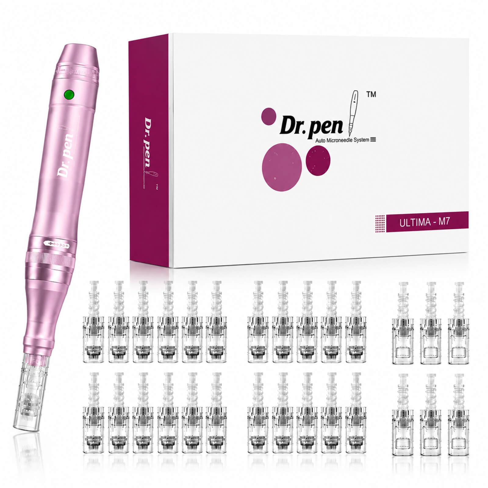Dr. Pen M7 Beauty Pen Kit de soins de la peau rechargeable sans fil avec 28 cartouches (12 × 12 broches, 10 × 36 broches, 6 × NanoR), contrôle LED à 5 vitesses, corps en aluminium rose pour une peau