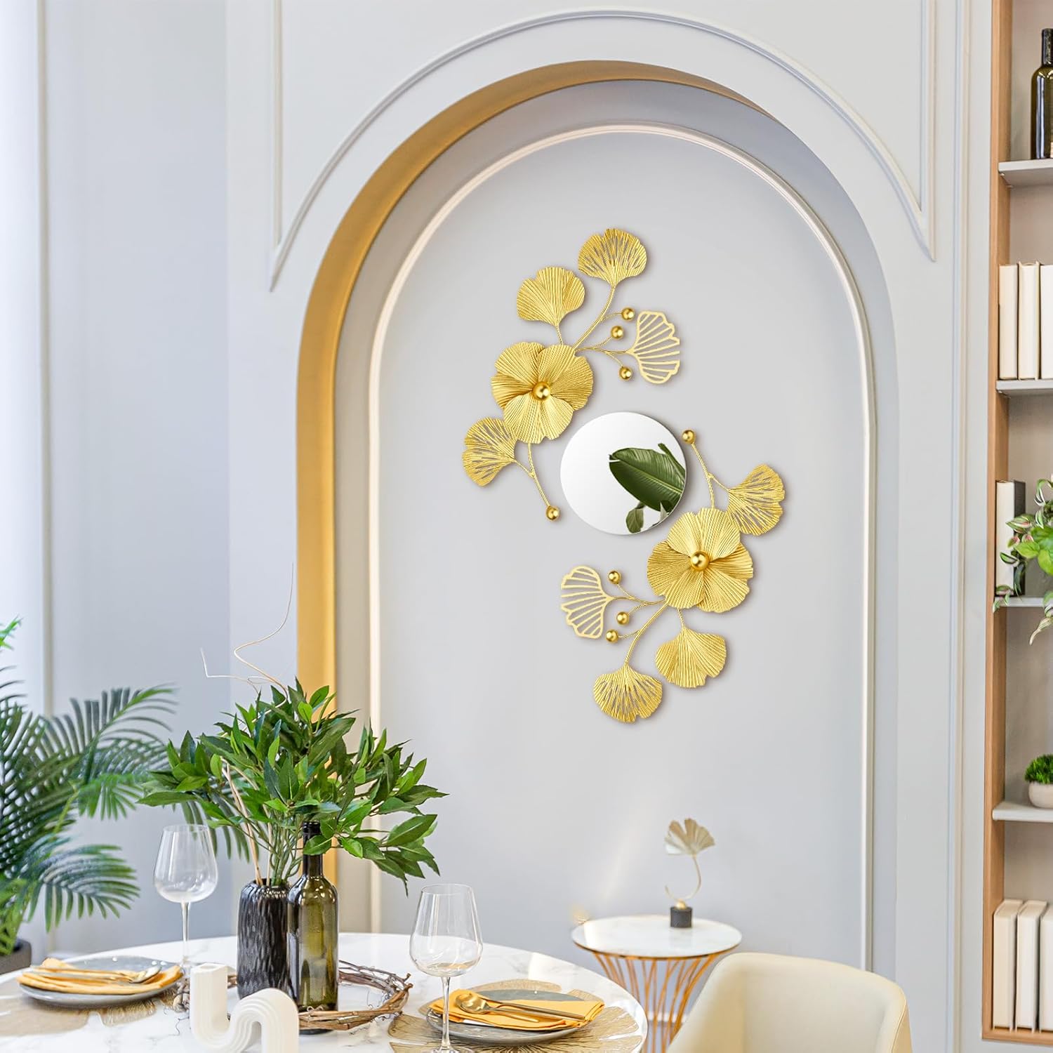Tandefio 3 Pcs Metal Decorative Wall Mirrors for Living Room Metal Ginkgo Leaf Mirror Modern Creative Wall Decor Art Hanging Decor Mirror for Entrance Bedroom Living Room(Gold,16.inches)