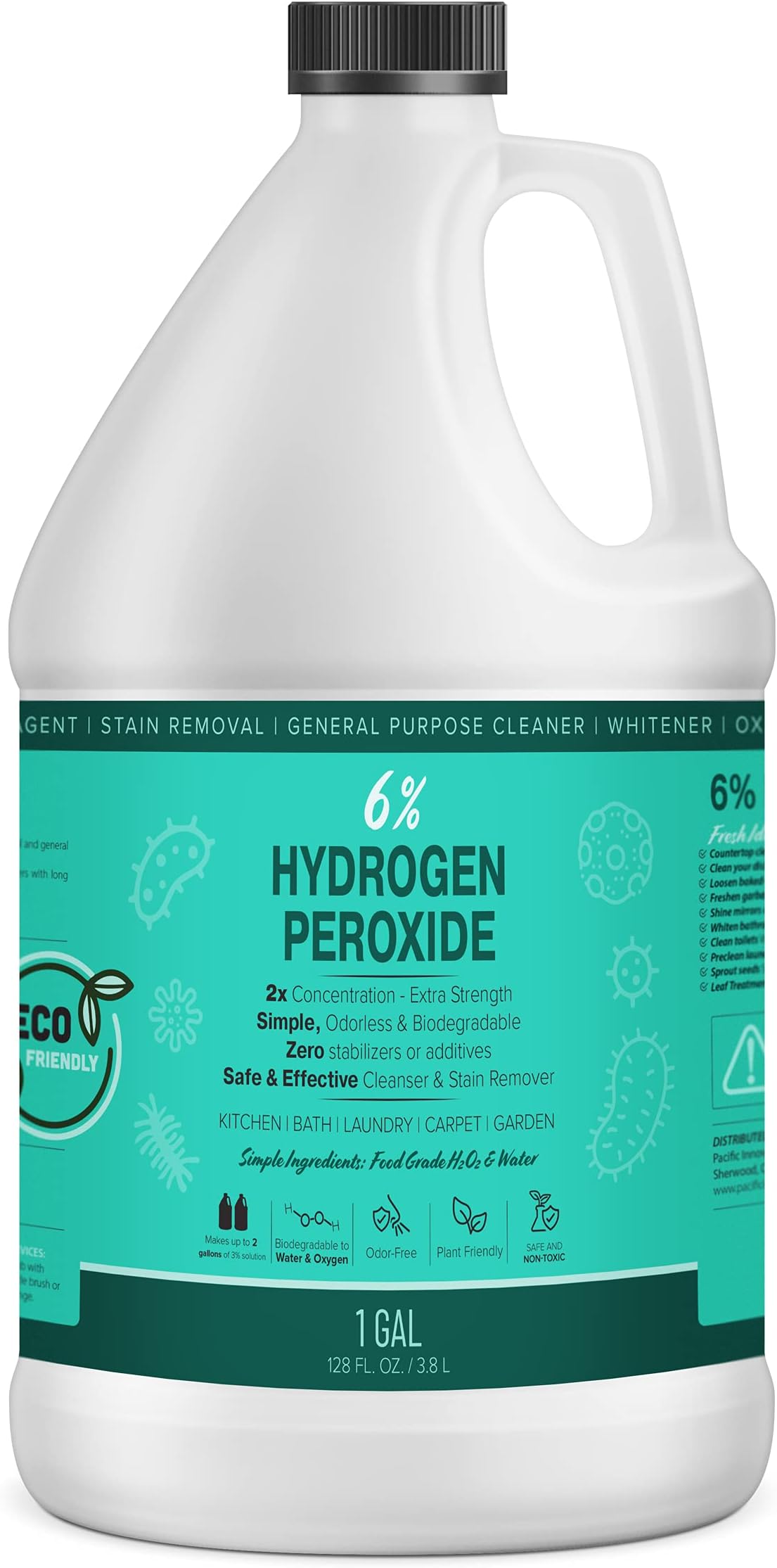 6% Hydrogen Peroxide Solution - 1 Gallon (Just Food-Grade H2O2 & Water!) - Ecofriendly Natural Cleaning Solution for Kitchen, Bath, Laundry, and More - HDPE Jug with Child-Safe Cap Made in USA