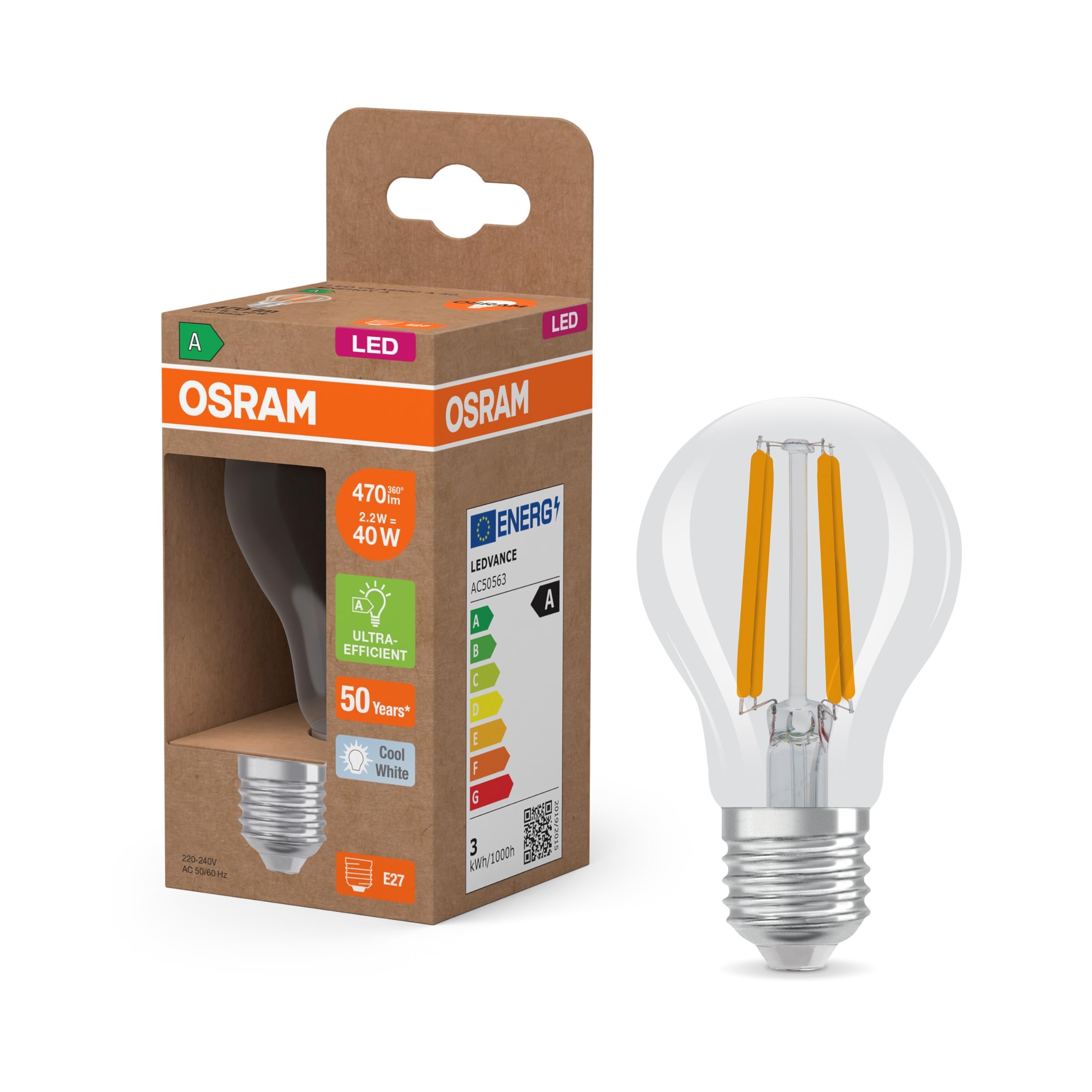 OSRAM LED Superstar+ Classic Wire 40, E27, Classic Bulb Shape, 2.2W, 470lm, 4000K, Cool White Light, Long Life, up to 60% Energy Saving Compared to Standard