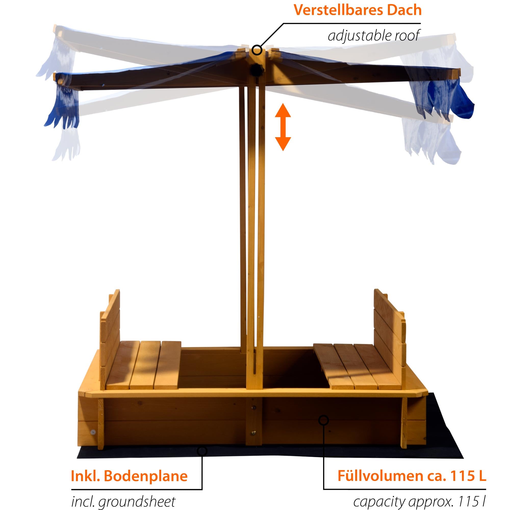 dobar 94357FSC bac à Sable avec Toit à Bascule, bancs, bâche au Sol, bac à Sable verrouillable en Bois pour Enfants, 120 x 120 cm, Marron Clair