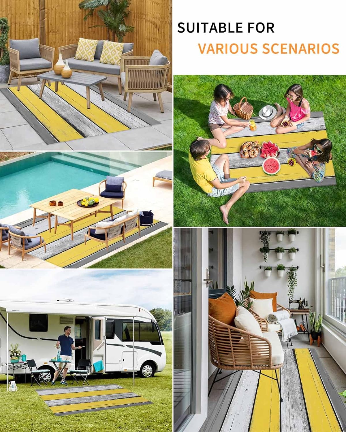 Outdoor Rug 4x6 ft Yellow Gray Stripe Outdoor Large Area Rug Non Slip Rubber Retro Wood Grain Washable Front Door Mat RV Rug Camping Carpet Patio Outdoor Rugs for Backyard Balcony Deck Porch Indoor