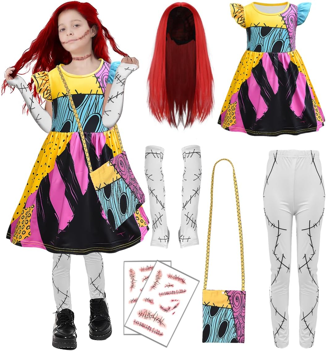 Sally Dress for Girls,Kids Sally Costume with Wig Bag Sleeve Tights Nnightmare Halloween Christmas Cosplay Outfit