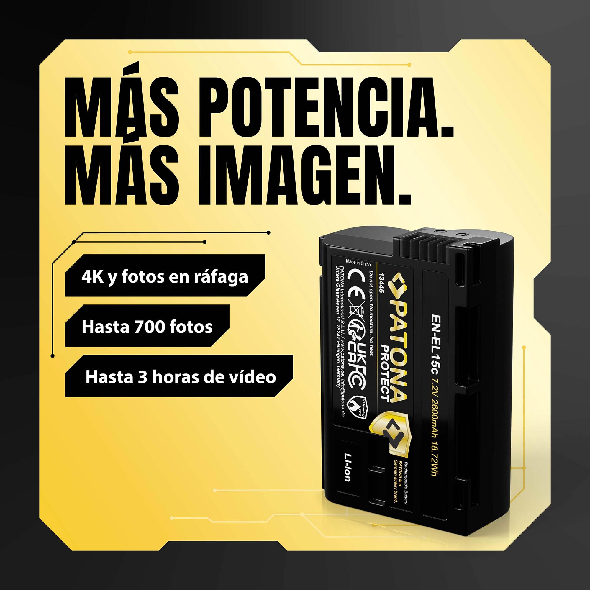PATONA Protect Batería EN-EL15c 2600mAh – Repuesto para Nikon EN-EL15 EL15b EL15c – Compatible con Z5 Z6 II/III Z7 II Z8 Zf D850 D780 D750 D7500 – Sensor NTC y Carcasa V1