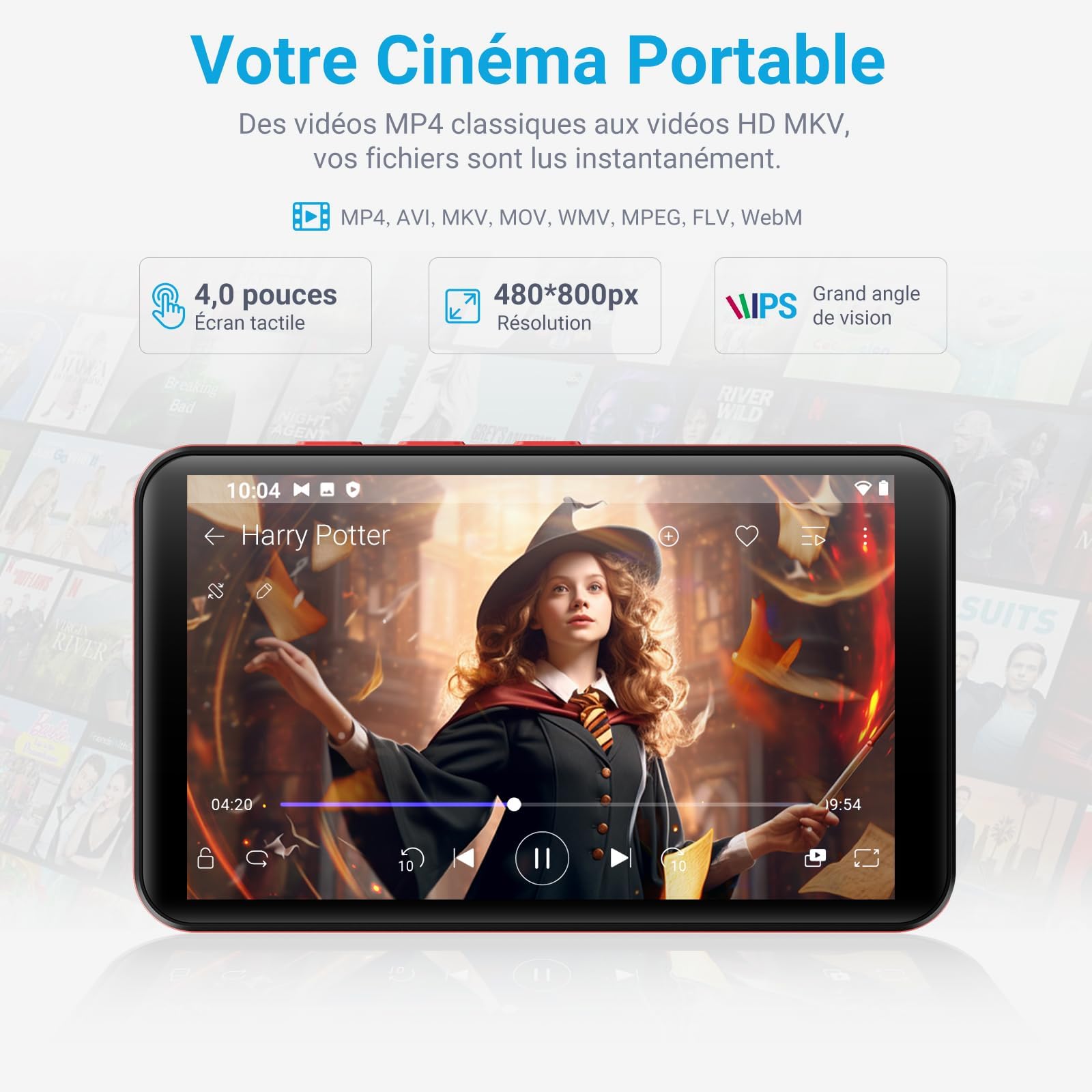 MECHEN Lecteur MP3 96 Go Bluetooth Spotify, Lecteur MP4 Android de 4,0", Wi-FI, Mode Parent, Radio FM, Compatible Audible, Amazon Music, Deezer (Rouge)