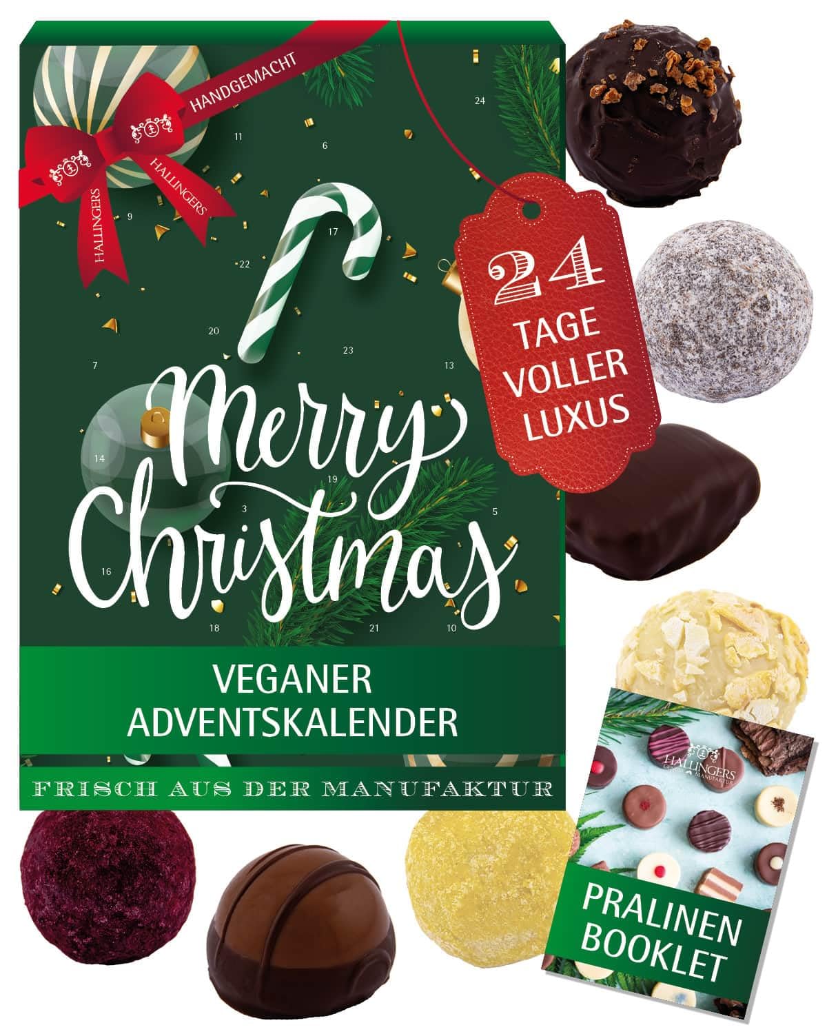 Hallingers Genuss Manufaktur Vegane Pralinen Adventskalender - mit & ohne Alkohol, handmade aus Confiserie-Edelkakao in wertigem Softfeel-Karton "Merry Christmas...", Weihnachtskalender für Frauen