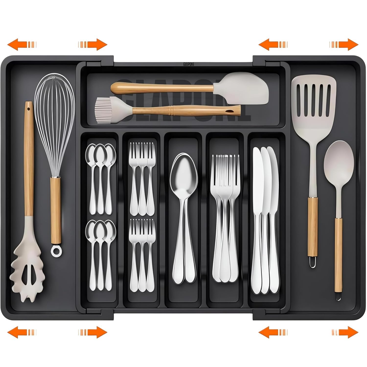 Drofail Kitchen Drawer Organizer Expandable, Cutlery Drawer Organizer Plastic Cutlery Holder Plastic Storage for Spoons Forks Knives, Large (Black)-image-9