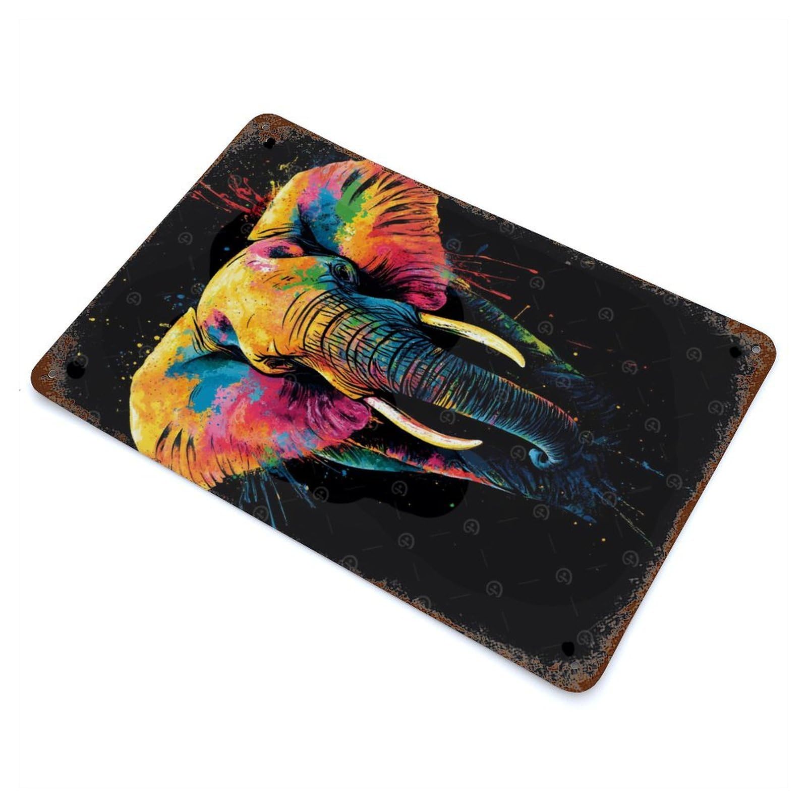 Colorful Elephant Art Rust Effect Tin Sign 11.8"x7.9", Novelty Wall Decor for Garage, Pub Or Kitchen
