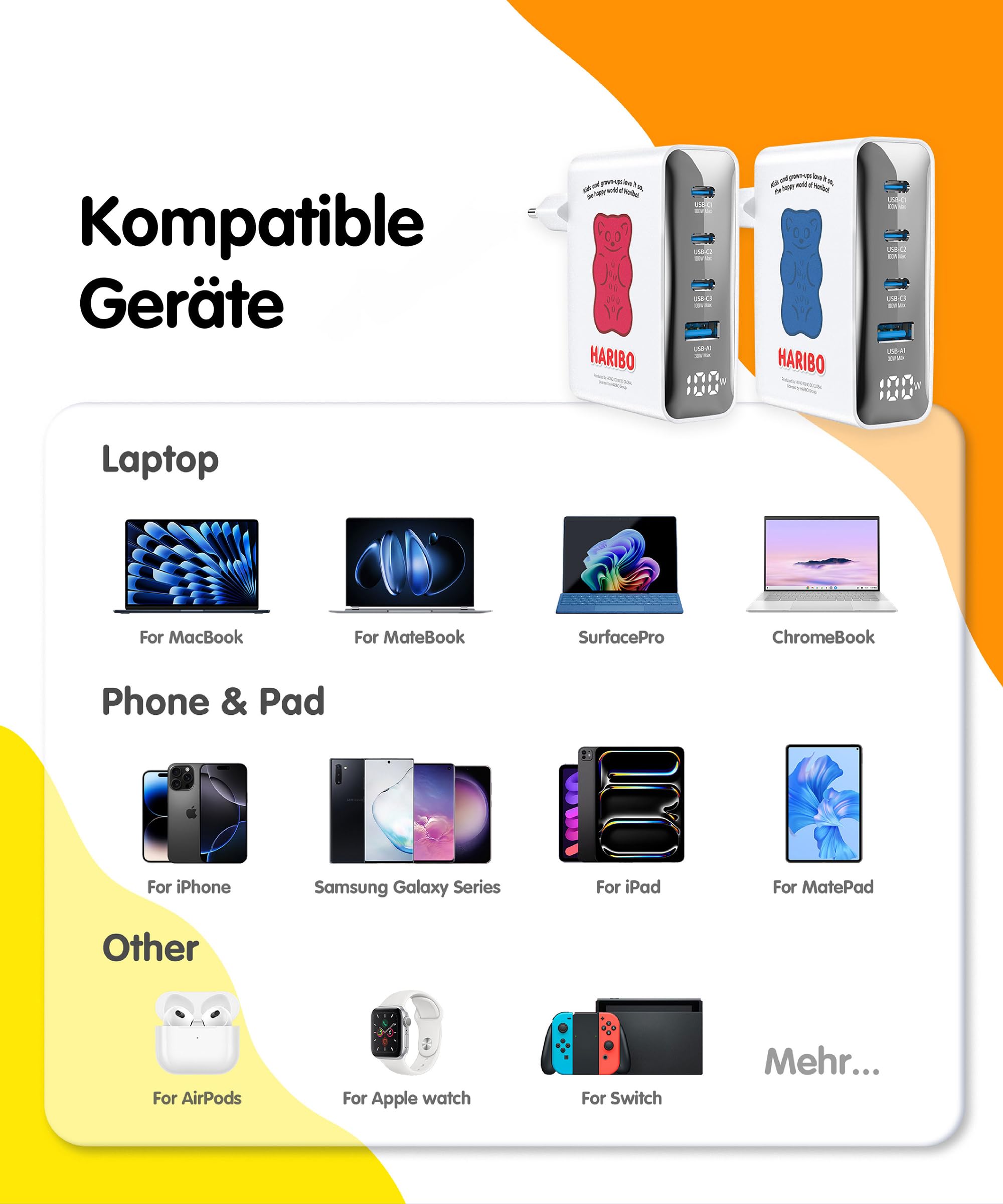 Haribo 100W USB C Ladegerät, 4-Port Schnellladegerät USB-C Netzteil mit LED Display, GaN Charger PD/PPS für MacBook Pro/Air, iPhone 16/15, Galaxy S25/S24, Laptop, iPad, Switch, Kompakt Geschenk, Blau