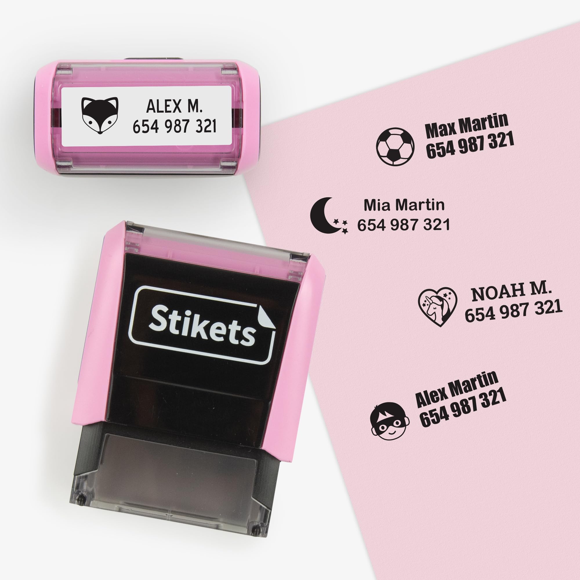 Personalisierbarer Stempel für Kleidung und Kindersachen für Schule oder Kindergarten | Permanenter Namensmarker mit Symbolen - Stikets (Pastellrosa)