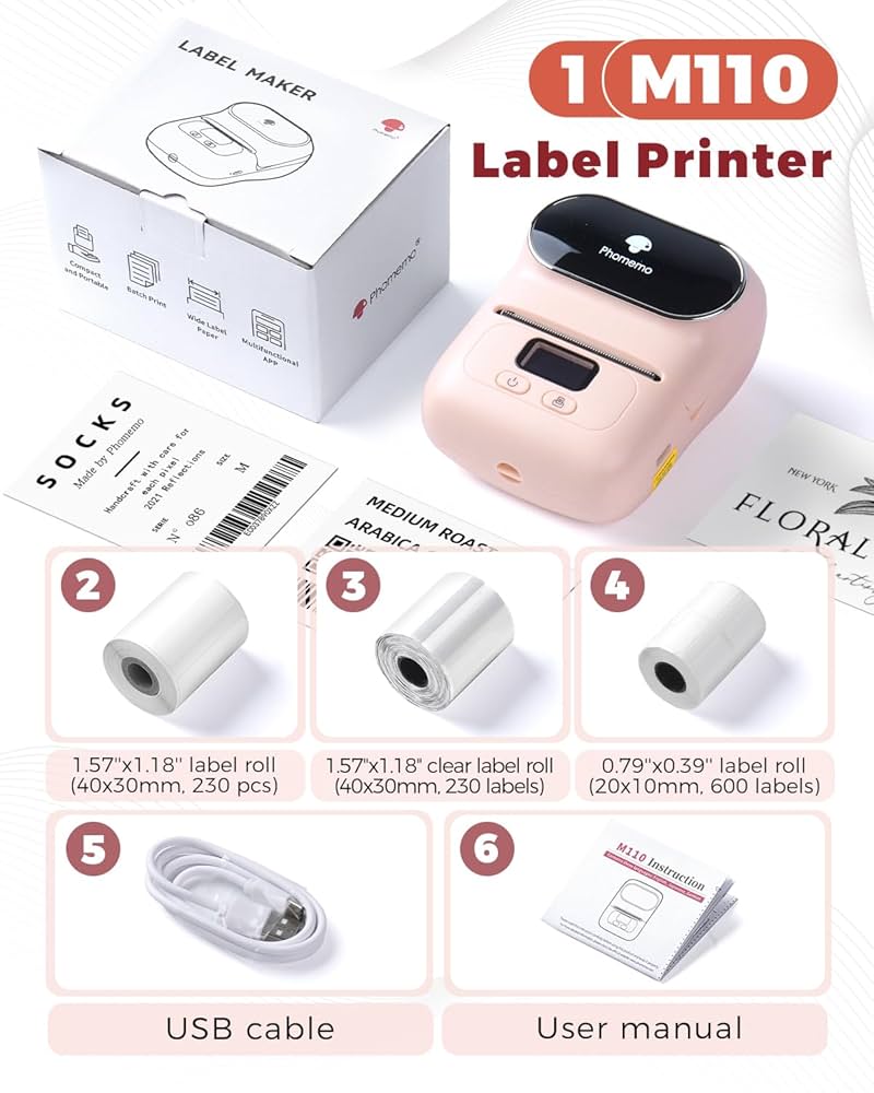 Phomemo M110 Label Maker Barcode Label Printer Bluetooth Portable Thermal Sticker Printer For Small Business, Address, Logo, Clothing, QR Code, Compatible With Phones & PC, With 1 Roll Labels Black