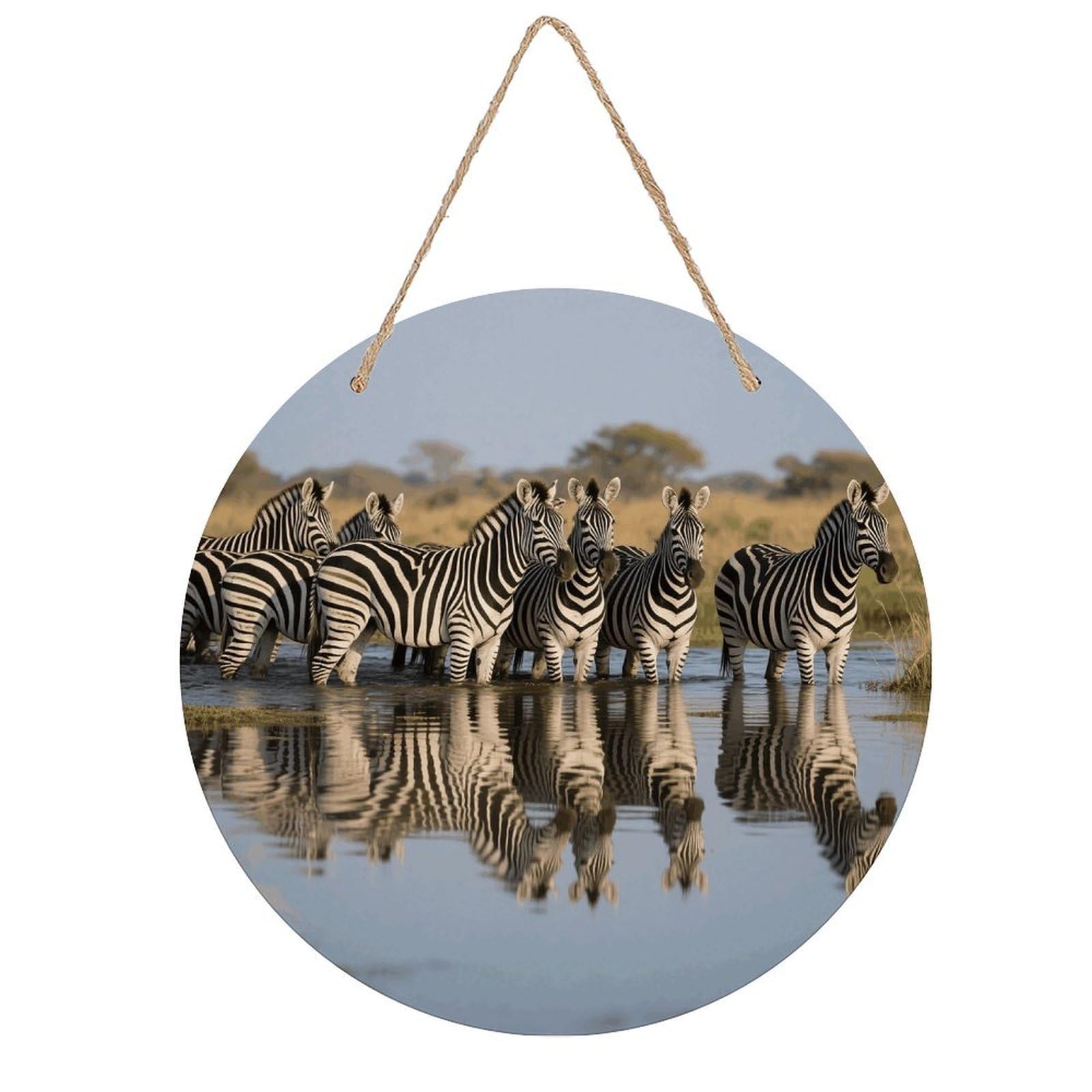 VstaDank Zebra Wall Decor Round Wood Hanging Sign 7.9x7.9 in Wooden Circle Door Hanger with Ropes, Rustic Wall Art Decor for Home Front Door Indoor Outdoor Decoration