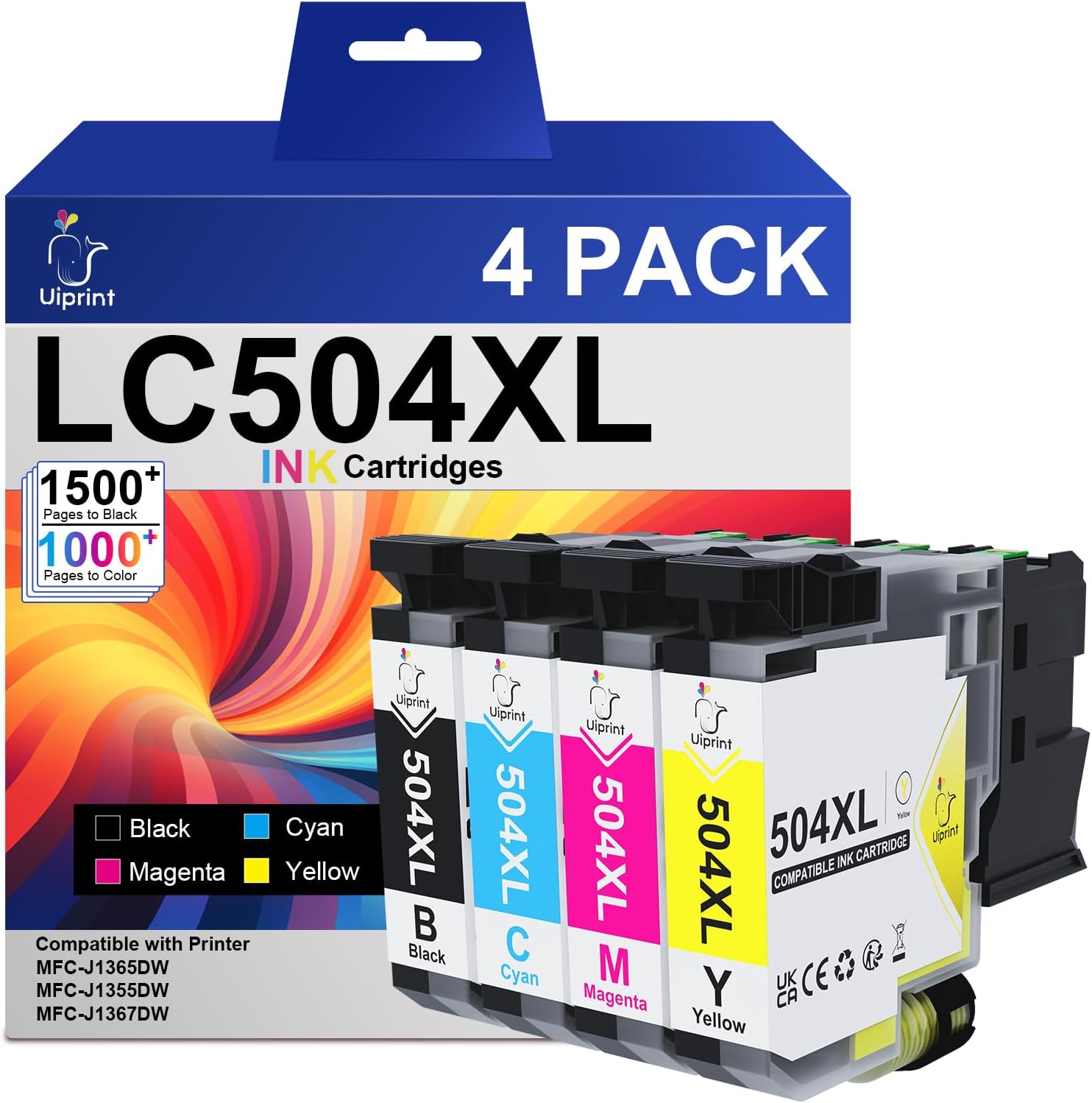 4500 Pages High Yield LC504XL Ink Cartridges for Brother Printer MFC-J1365DW Replacement for Brother LC504XL LC504 for MFC-J1355DW MFC-J1367DW, LC504XL4PK(Black, Cyan, Magenta, Yellow)