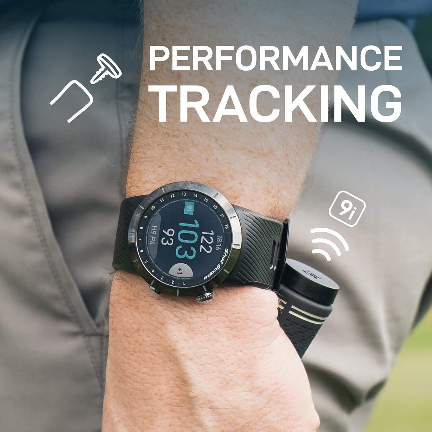Shot Scope X5 watch on a golfer's wrist, with a shot tracking tag near a golf club, indicating performance tracking.