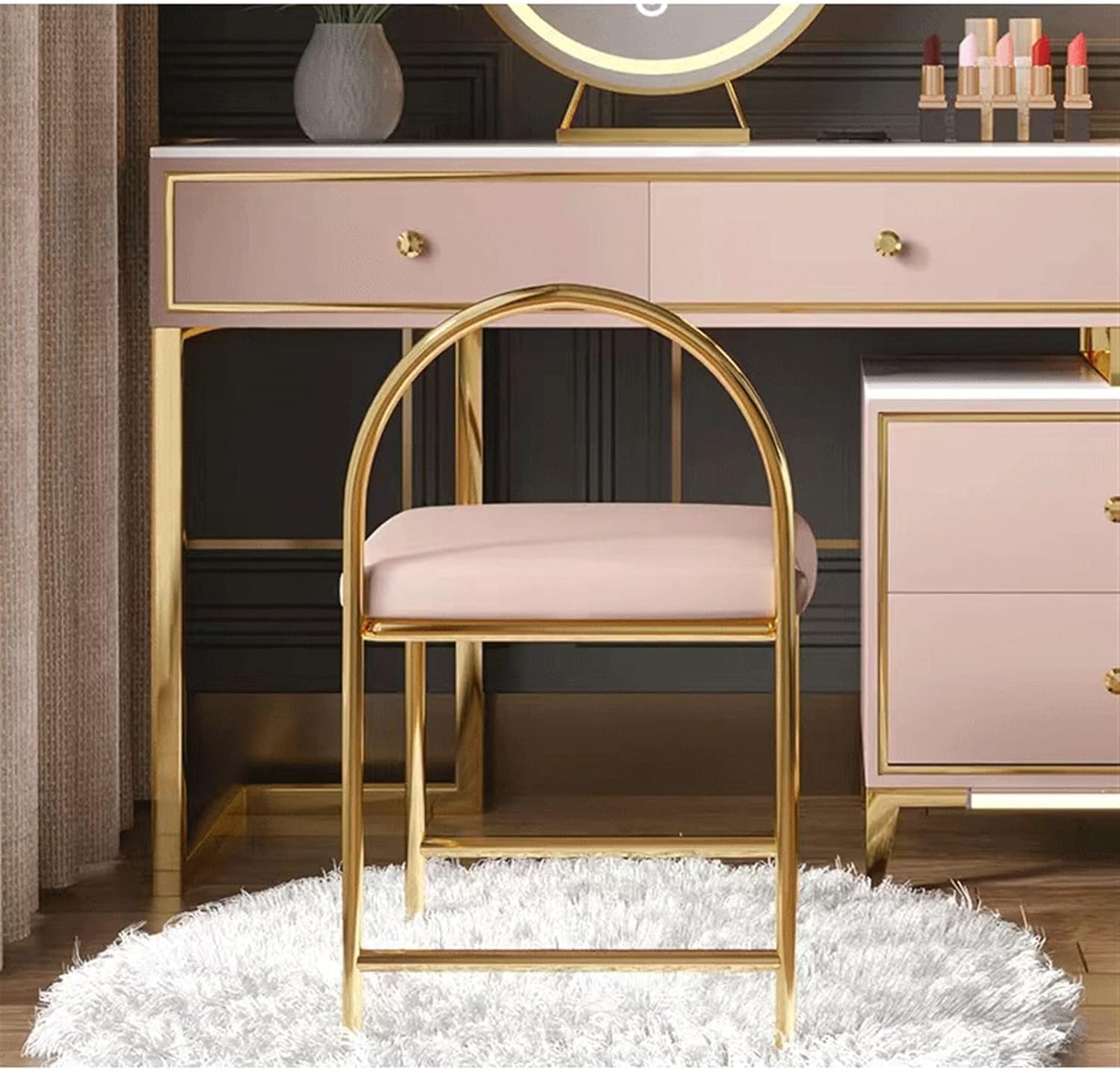 Vanity Dressing Table Set Luxury Makeup Bench with 3 Colors Led Hd Mirror,Comfortable Stool Drawers Cabinet,Modern Simple Style,for Girl's Gift (Size : 80cm) ()
