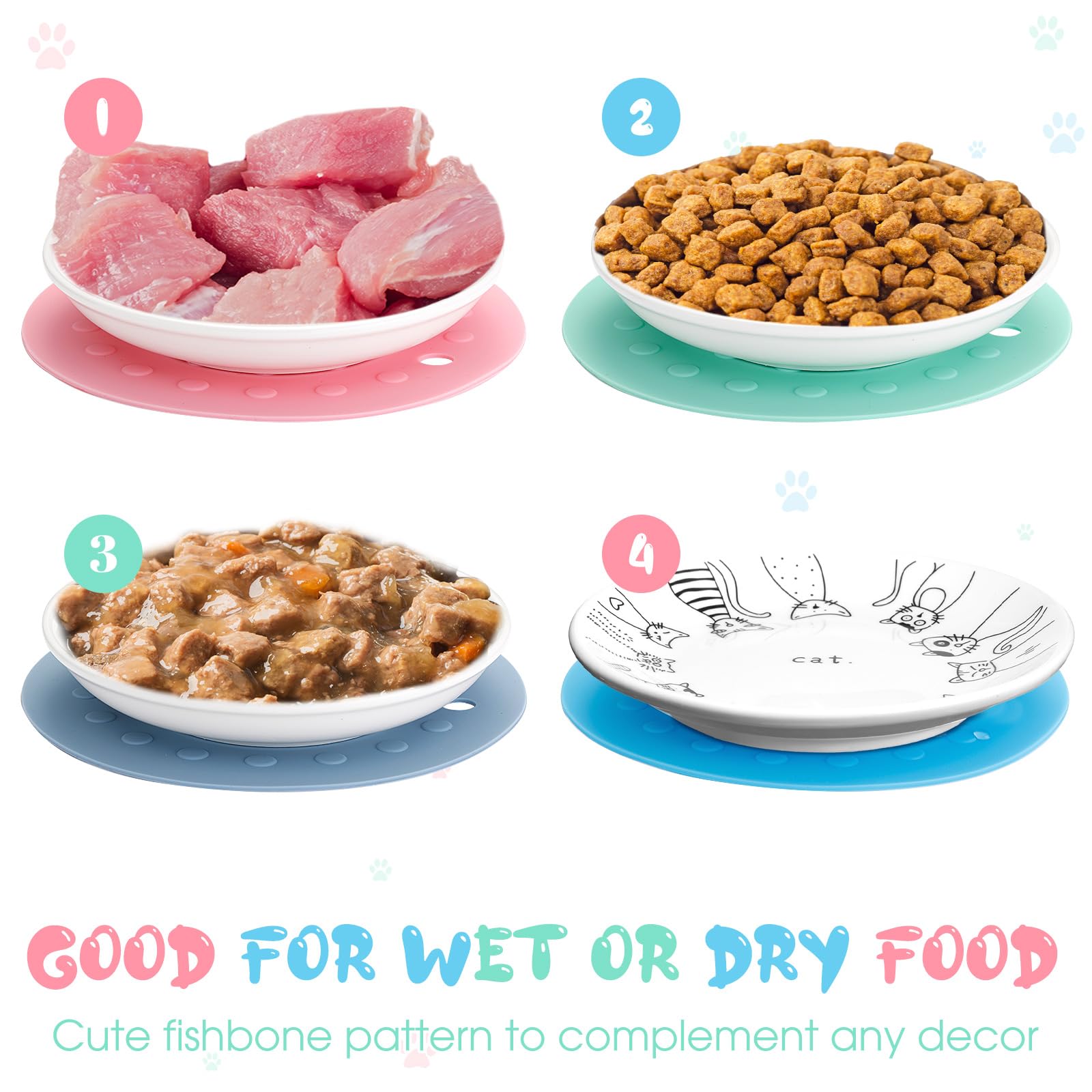 Thenshop 6-teiliges Katzennapf-Set mit 6 Anti-Rutsch-Matten, Keramik-Katzenfutterschüssel, für Katzen, Kätzchen, Welpen, Hasen und Hamster, weiß, blau, hellblau, grau, grün, rosa, hellgrau
