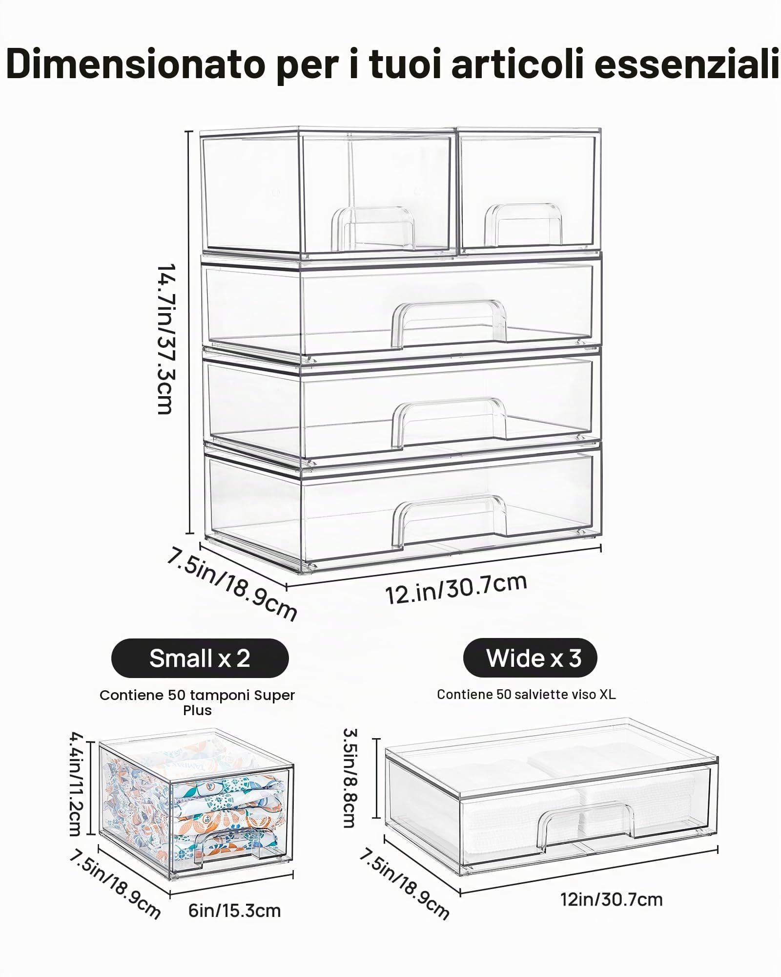 Vtopmart Set di 5 cassetti impilabili trasparenti in plastica per trucchi, cosmetici, articoli di bellezza, ideali per vanità, bagno, armadio, dispensa