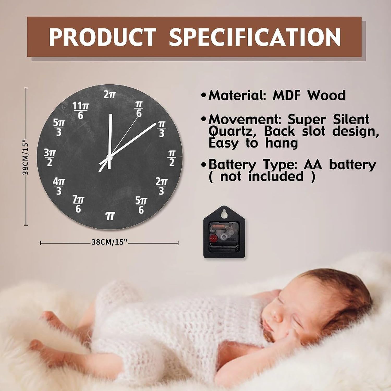 godblessignMathematical Equations Wall Clock Math Teaching Style Large Wall Clocks Battery Operated 15 Inch Silent Non-Ticking Rutic Hanging Clock for Classroom Bedroom Study Room