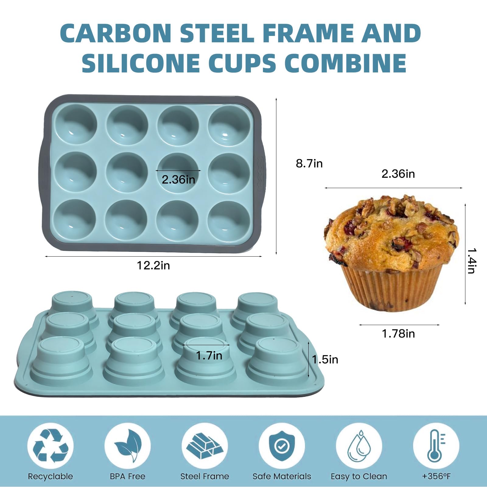 Standardowa forma do pieczenia muffinek, 12 muffinek, z metalową ramą, nieprzywierająca, silikonowa, do babeczek, browniei i budyniów, nie zawiera BPA