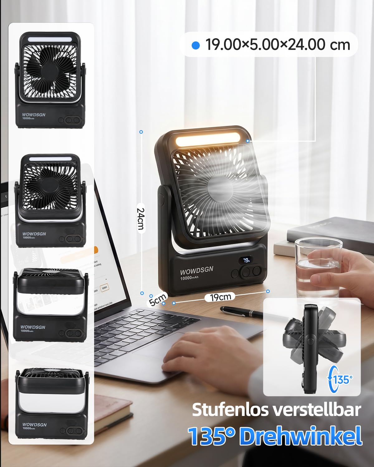 WOWDSGN Ventilator Akku 10000mAh mit Starkem 𝐌𝐚𝐠𝐧𝐞𝐭𝐟𝐮ß, Tischventilator USB mit LED-Nachtlicht & Haken, Powerbank-Funktion, 8-Stunden Timer, für Camping, Wohnmobil, Schlafzimmer, Reisen