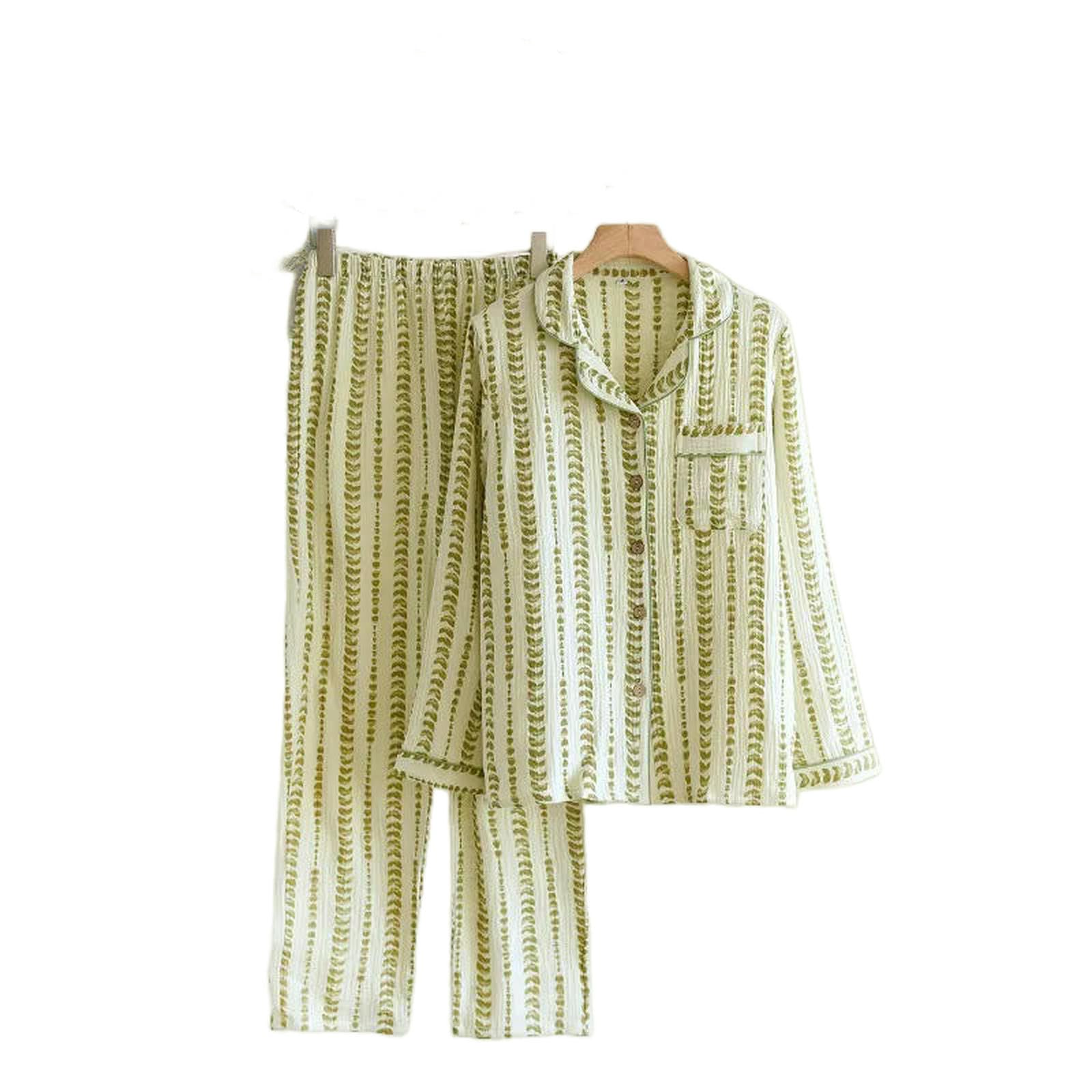Pigiama Set da Donna Primaverile E Autunnale in crêpe di Cotone, Dolce Carino, Comodo Confortevole Due Pezzi per La Casa A Maniche Lunghe-verde-1xl